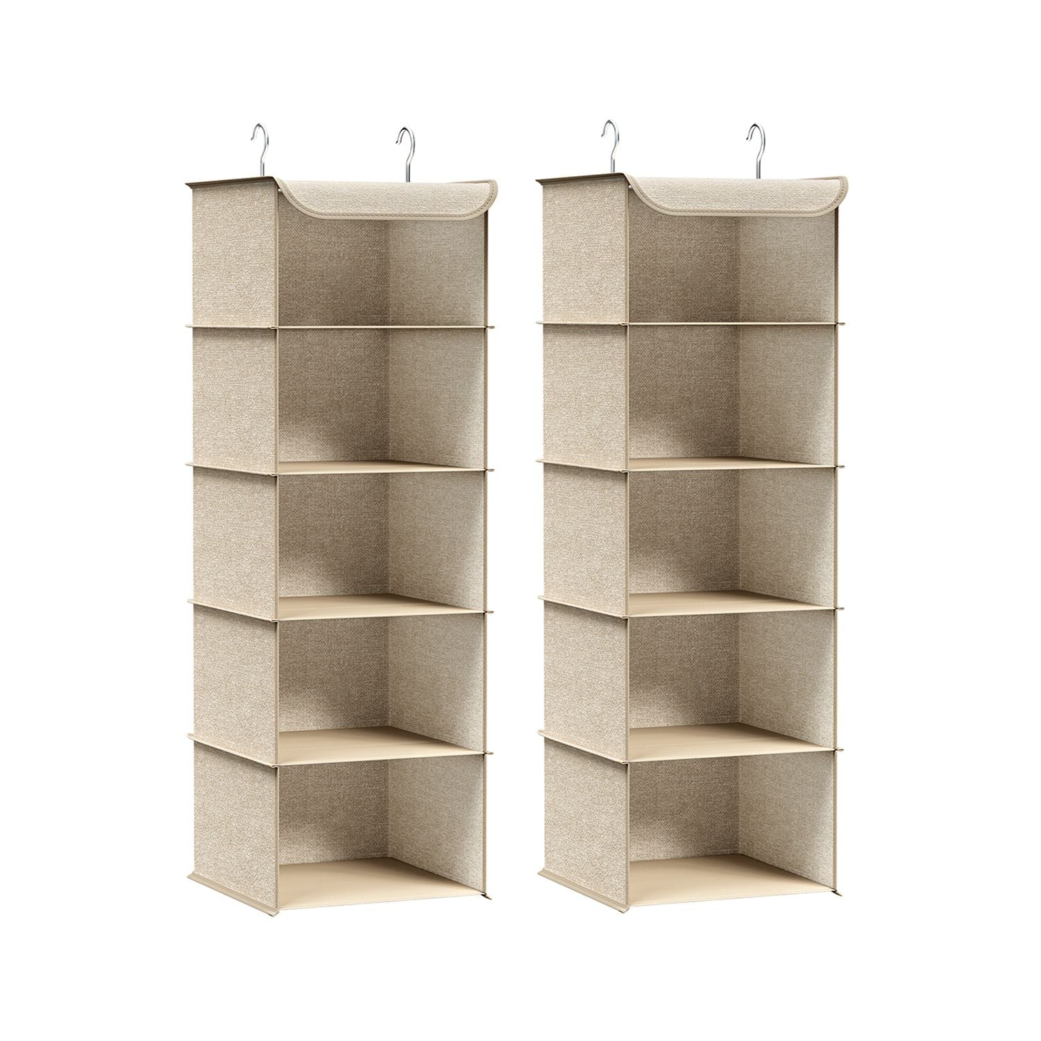 Set of 2 Hanging Wardrobe Storage Organisers - 6 Shelves - Fabric - Sand Beige