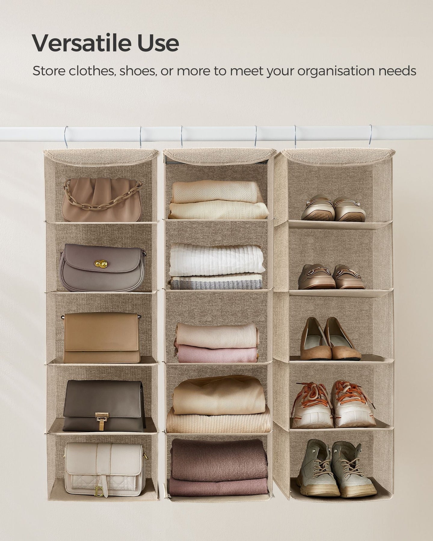 Set of 2 Hanging Wardrobe Storage Organisers - 6 Shelves - Fabric - Sand Beige
