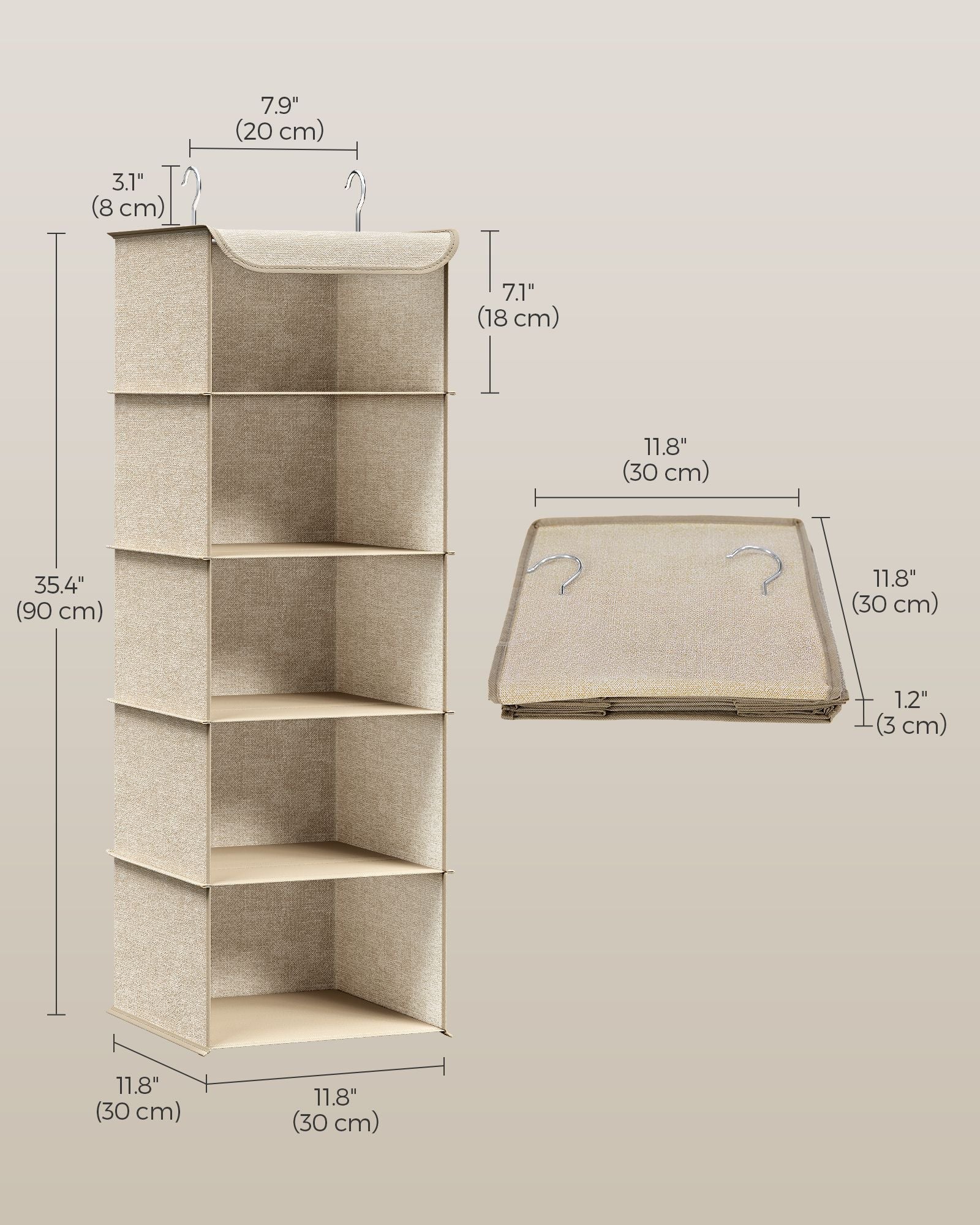 Set of 2 Hanging Wardrobe Storage Organisers - 6 Shelves - Fabric - Sand Beige