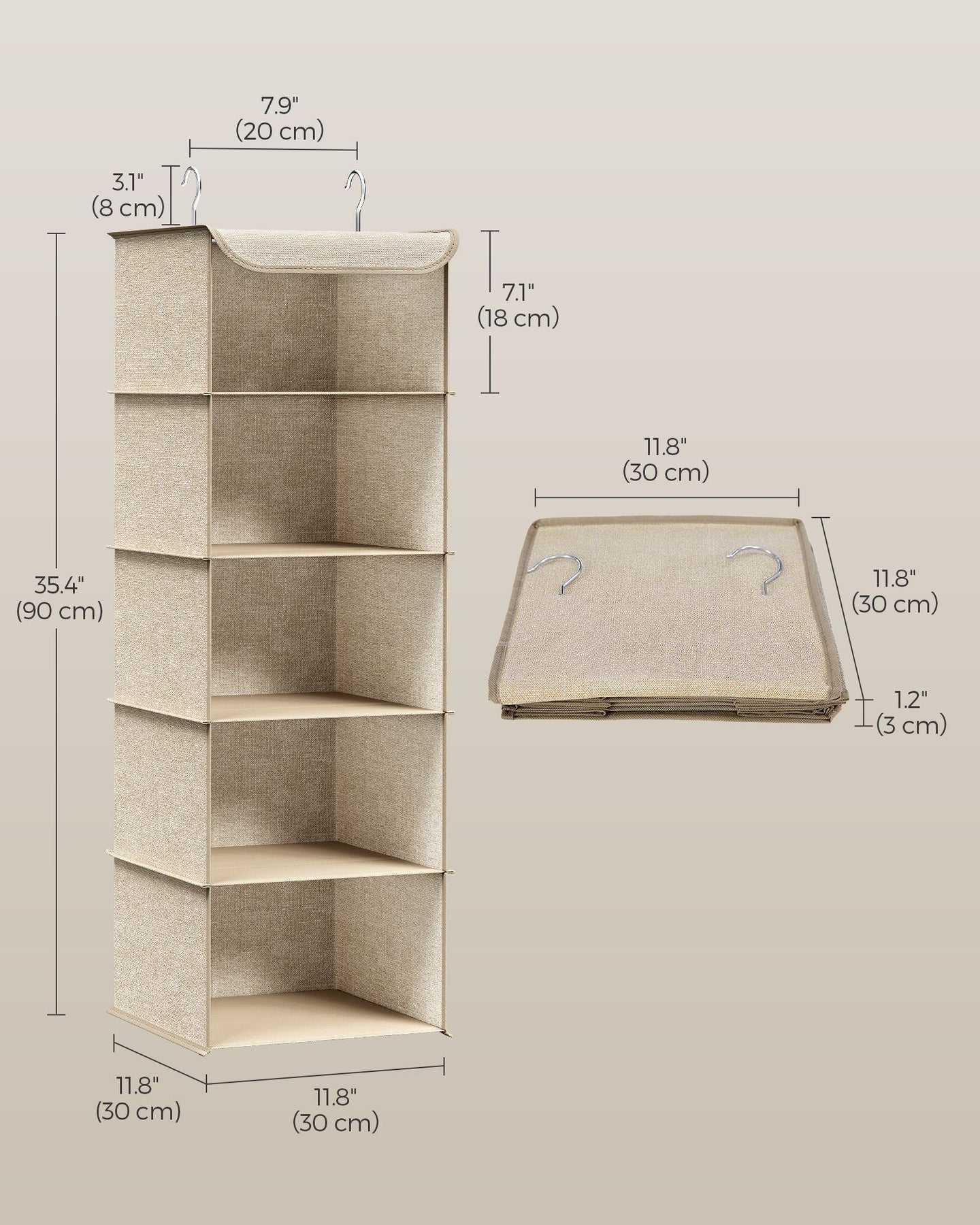 Set of 2 Hanging Wardrobe Storage Organisers - 6 Shelves - Fabric - Sand Beige
