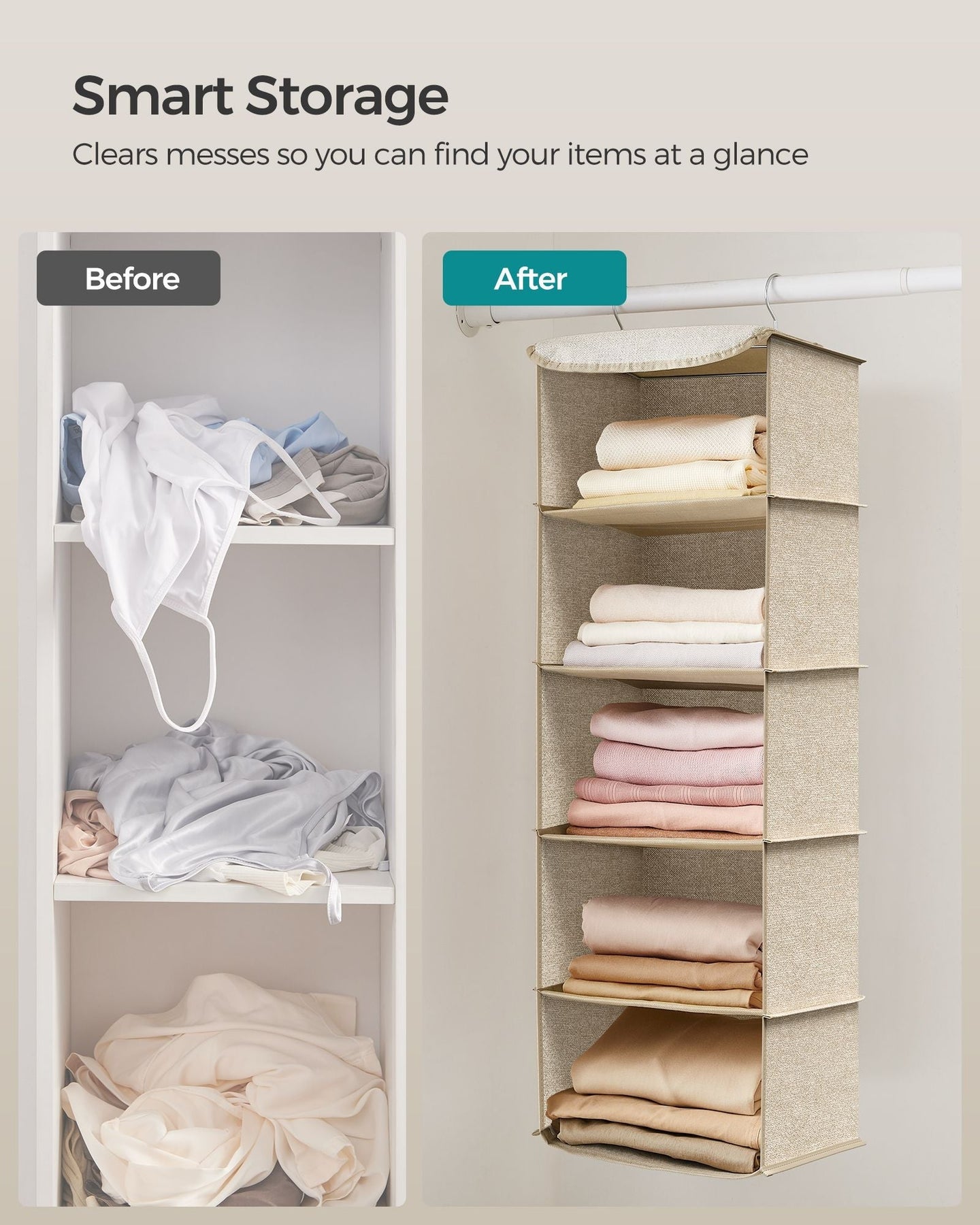 Set of 2 Hanging Wardrobe Storage Organisers - 6 Shelves - Fabric - Sand Beige