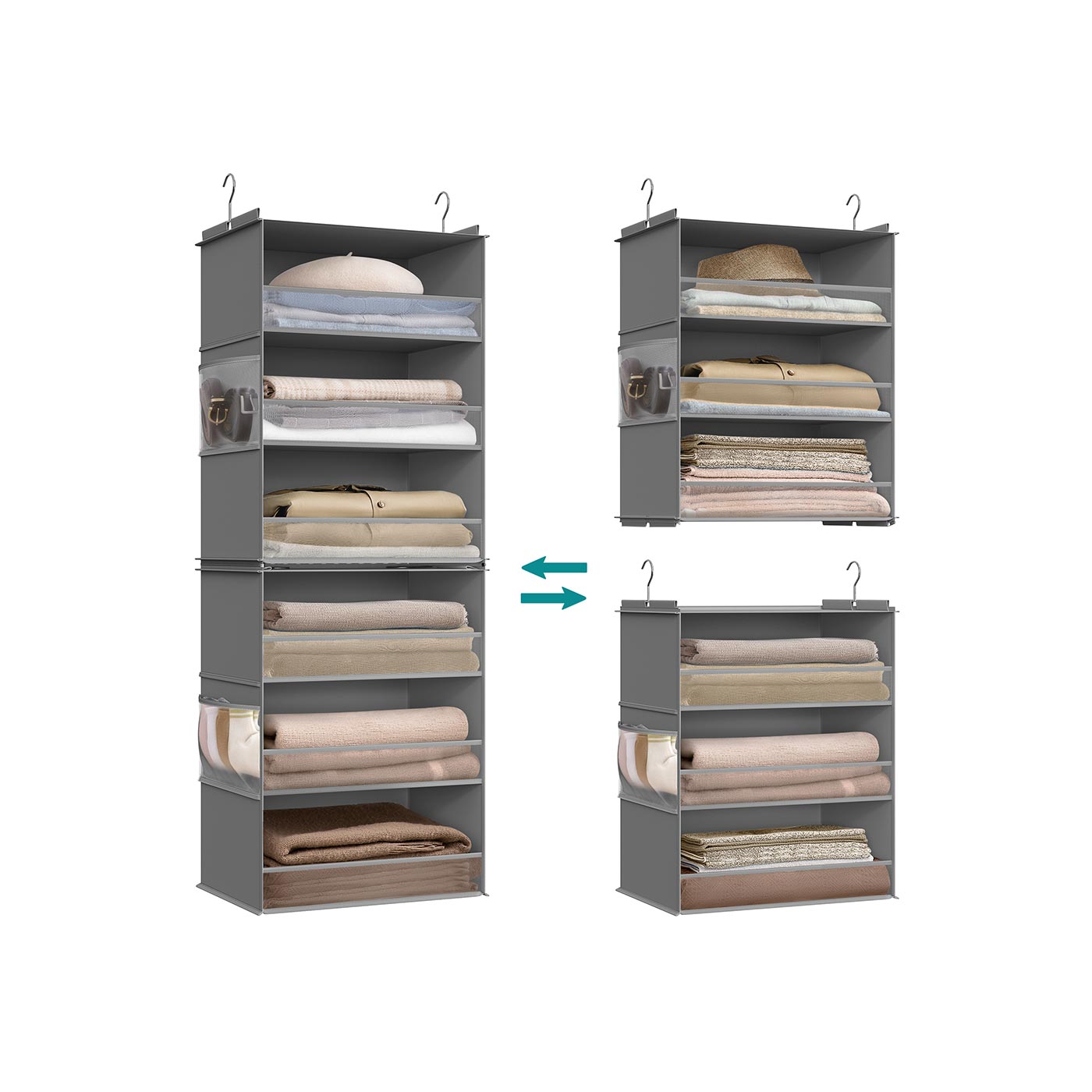 Hanging Wardrobe Organiser - Fabric - Dove Grey - 6-Tier with Separable Design and Side Pockets