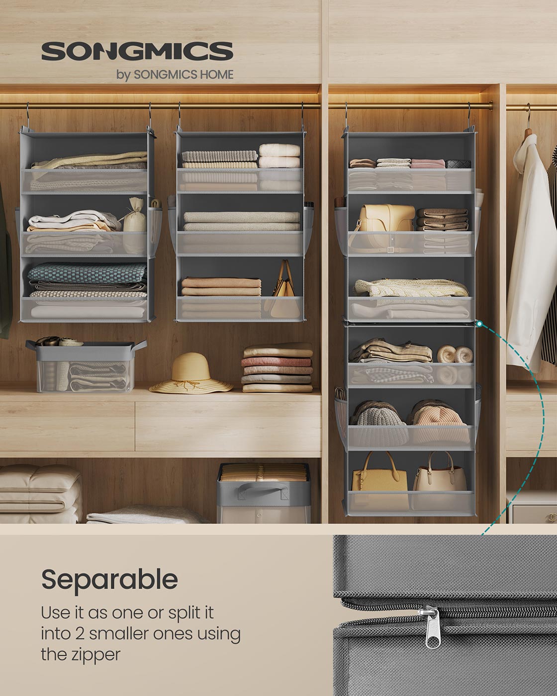 Hanging Wardrobe Organiser - Fabric - Dove Grey - 6-Tier with Separable Design and Side Pockets
