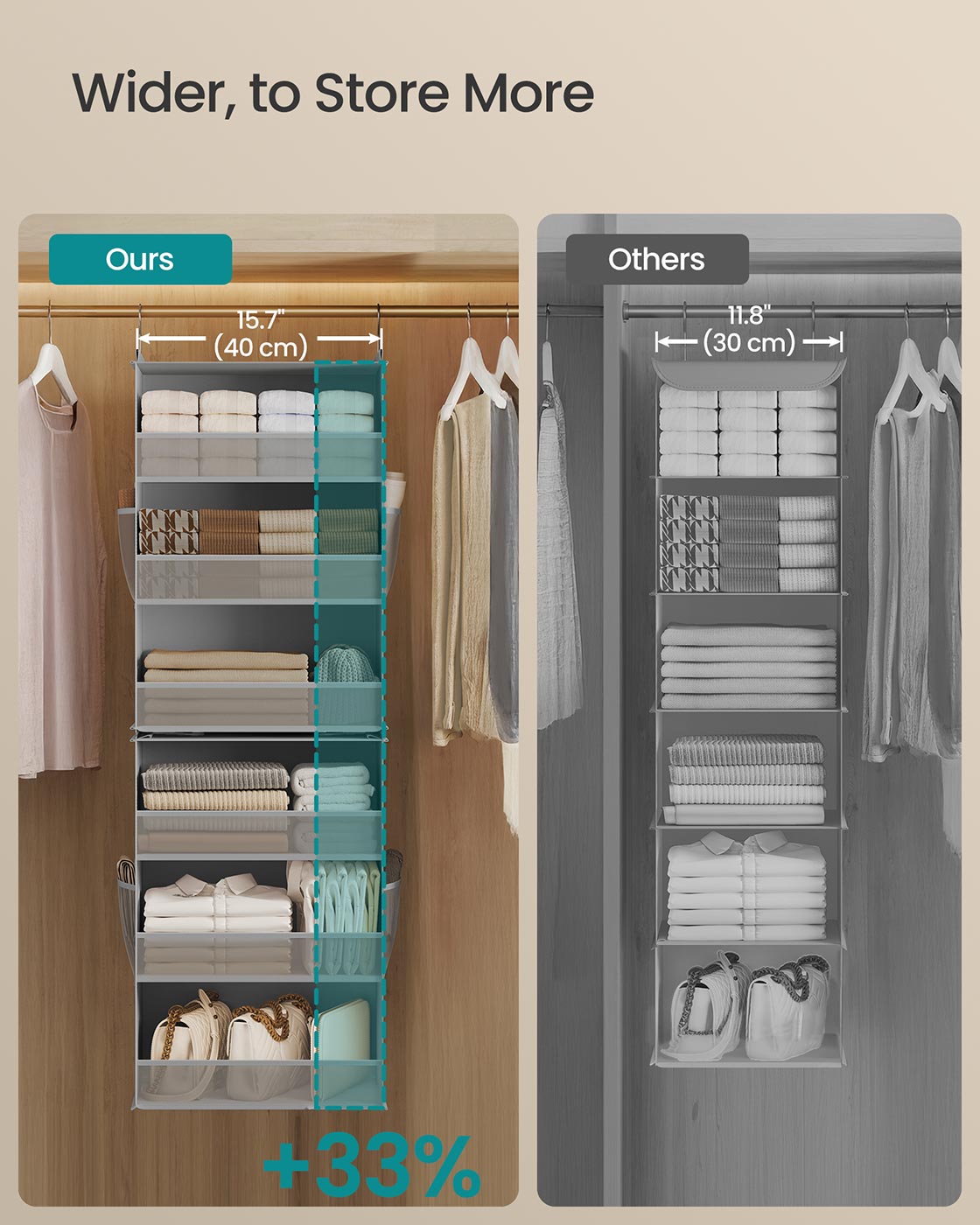 Hanging Wardrobe Organiser - Fabric - Dove Grey - 6-Tier with Separable Design and Side Pockets