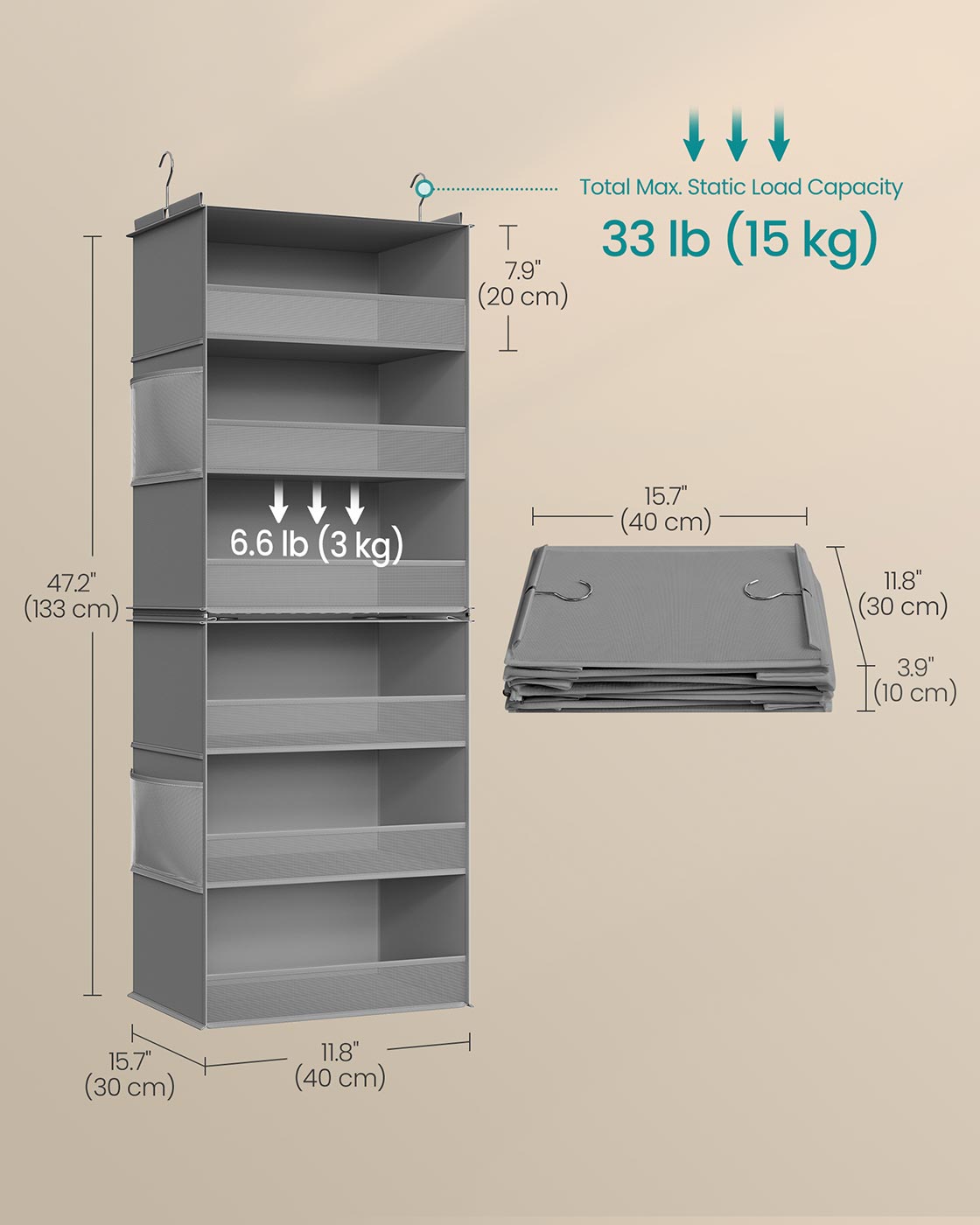 Hanging Wardrobe Organiser - Fabric - Dove Grey - 6-Tier with Separable Design and Side Pockets