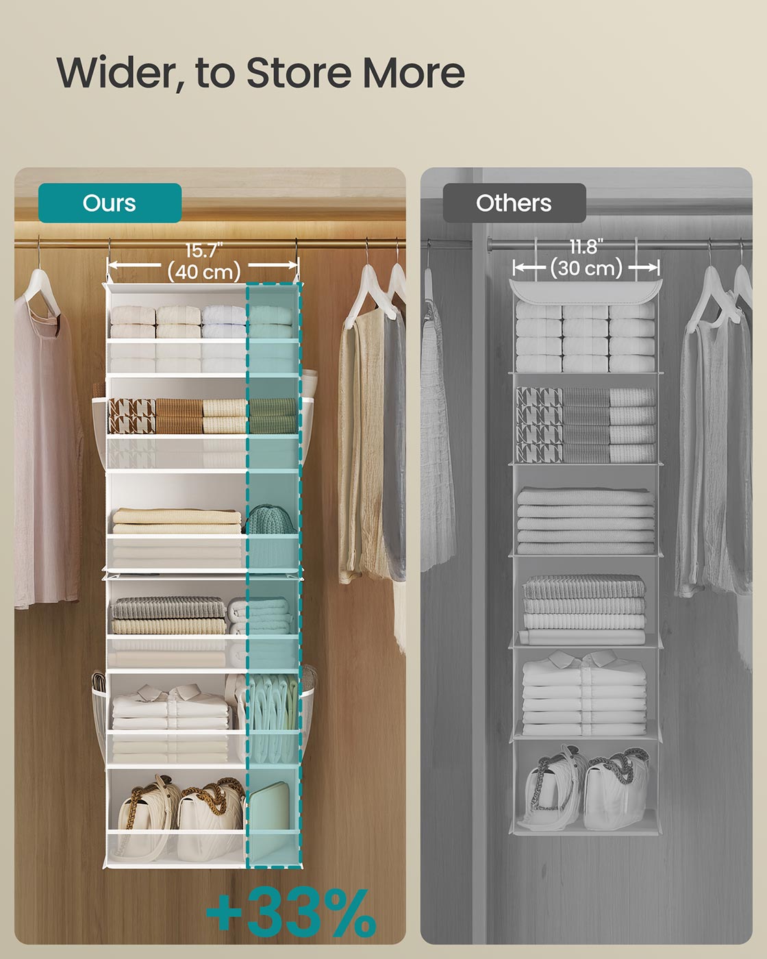 Hanging Wardrobe Organiser - Fabric - Cloud White - 6-Tier Design with Side Pockets