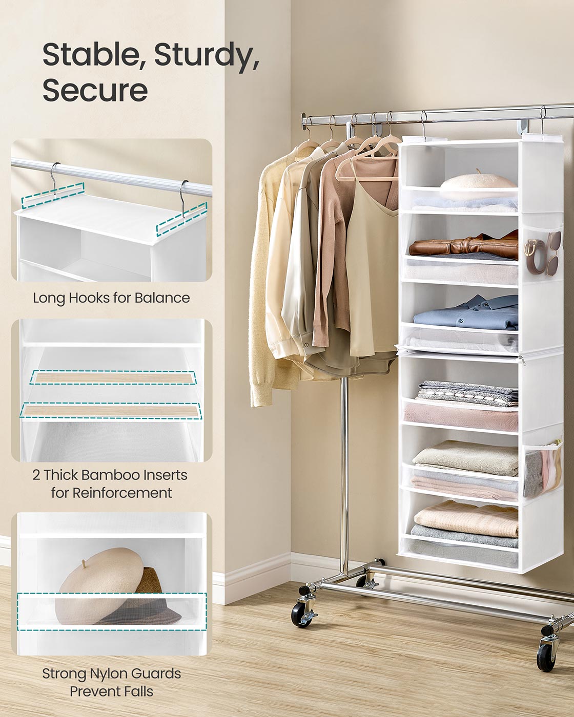 Hanging Wardrobe Organiser - Fabric - Cloud White - 6-Tier Design with Side Pockets