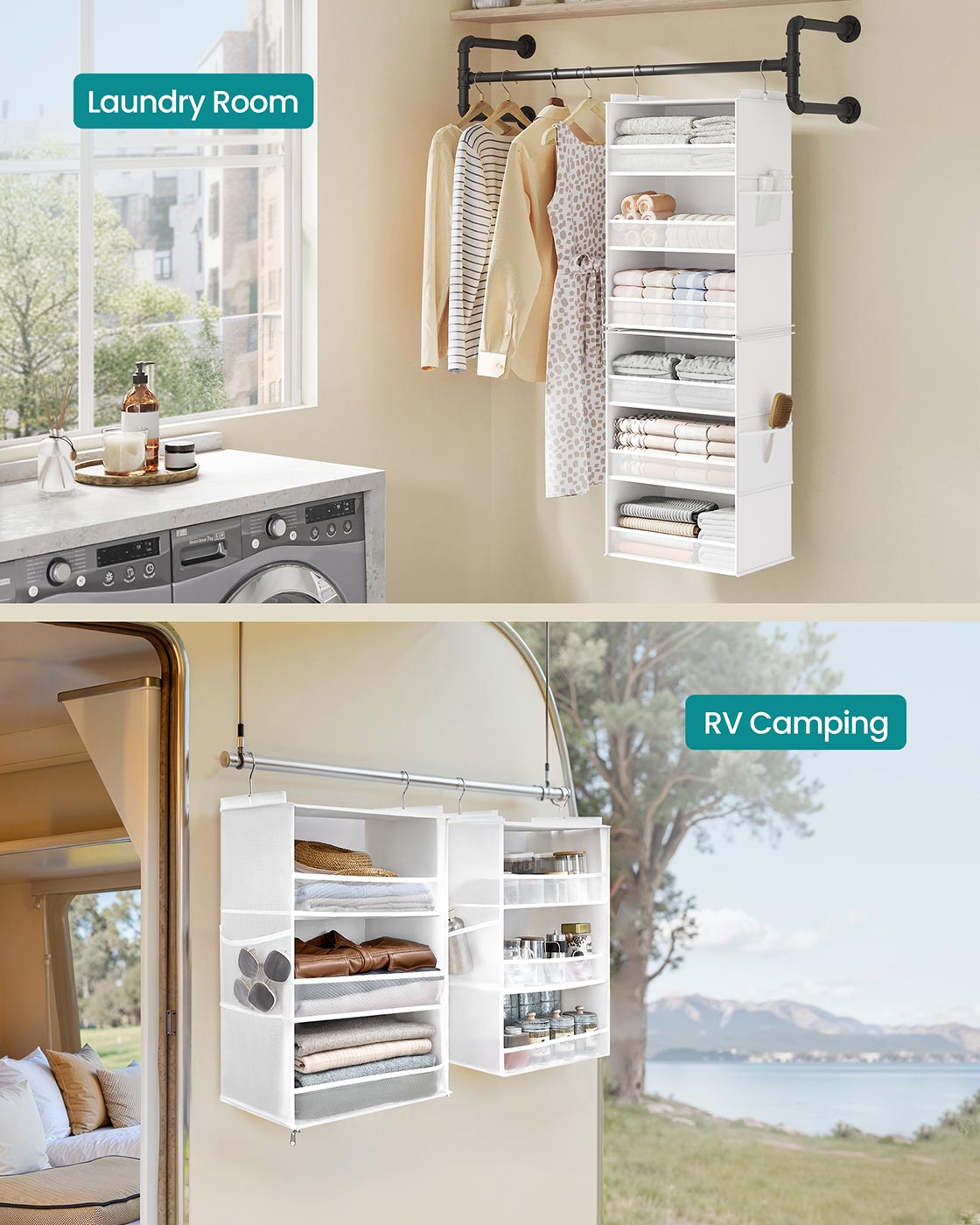 Hanging Wardrobe Organiser - Fabric - Cloud White - 6-Tier Design with Side Pockets