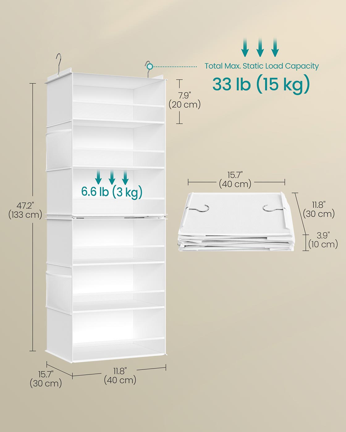 Hanging Wardrobe Organiser - Fabric - Cloud White - 6-Tier Design with Side Pockets