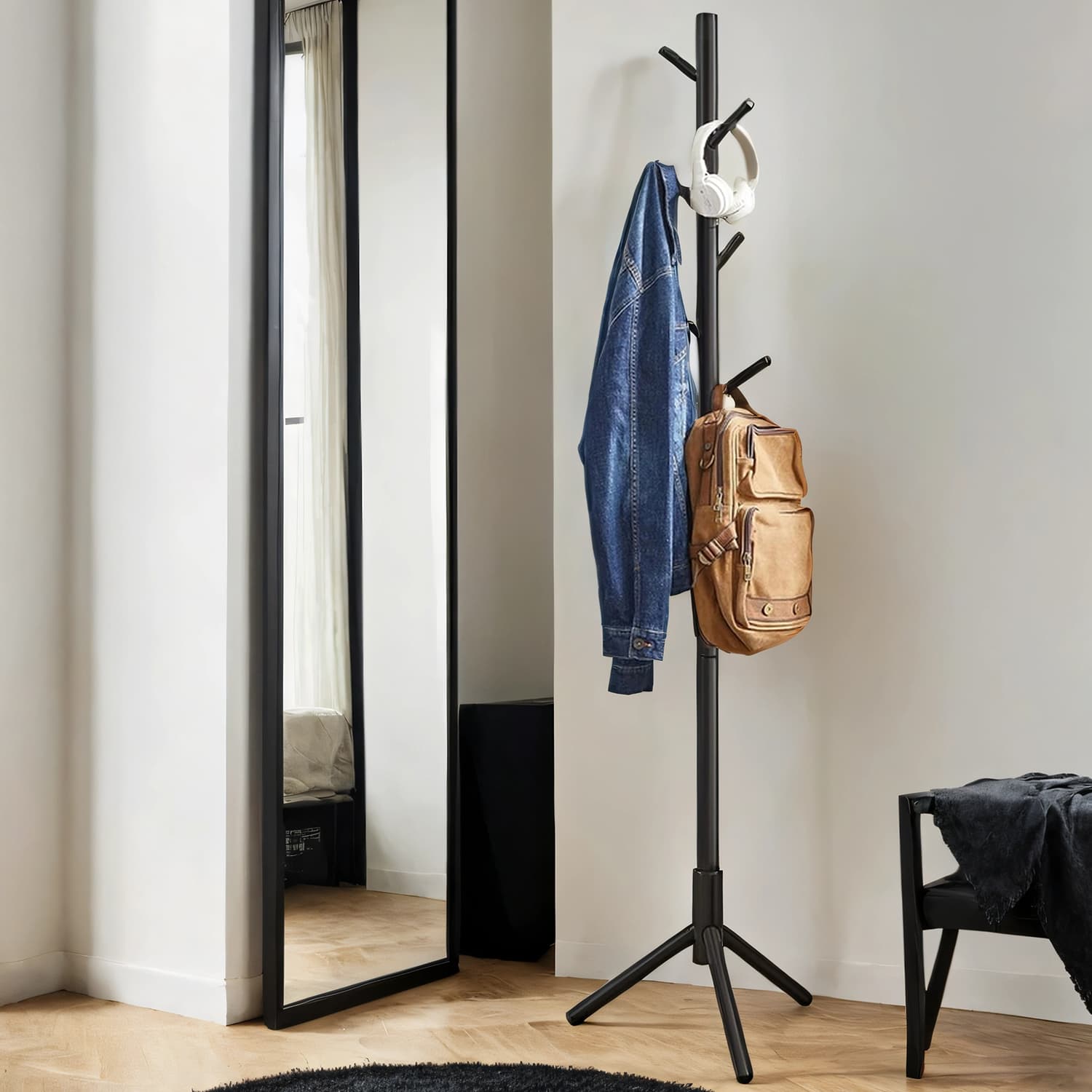 Hat and Coat Stand - Solid Wood - Black - Height Adjustable with 8 Hooks