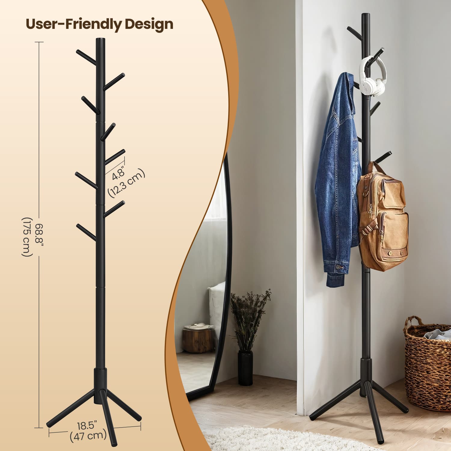 Hat and Coat Stand - Solid Wood - Black - Height Adjustable with 8 Hooks