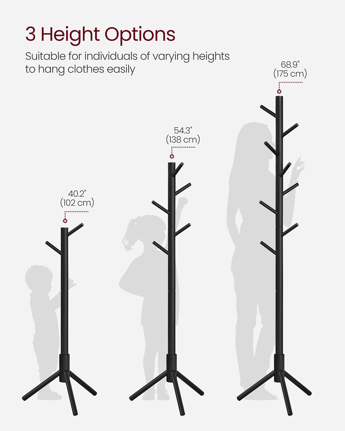 Free Standing Coat Rack - Solid Wood - Black - 8 Hooks for Entryway and Hallway