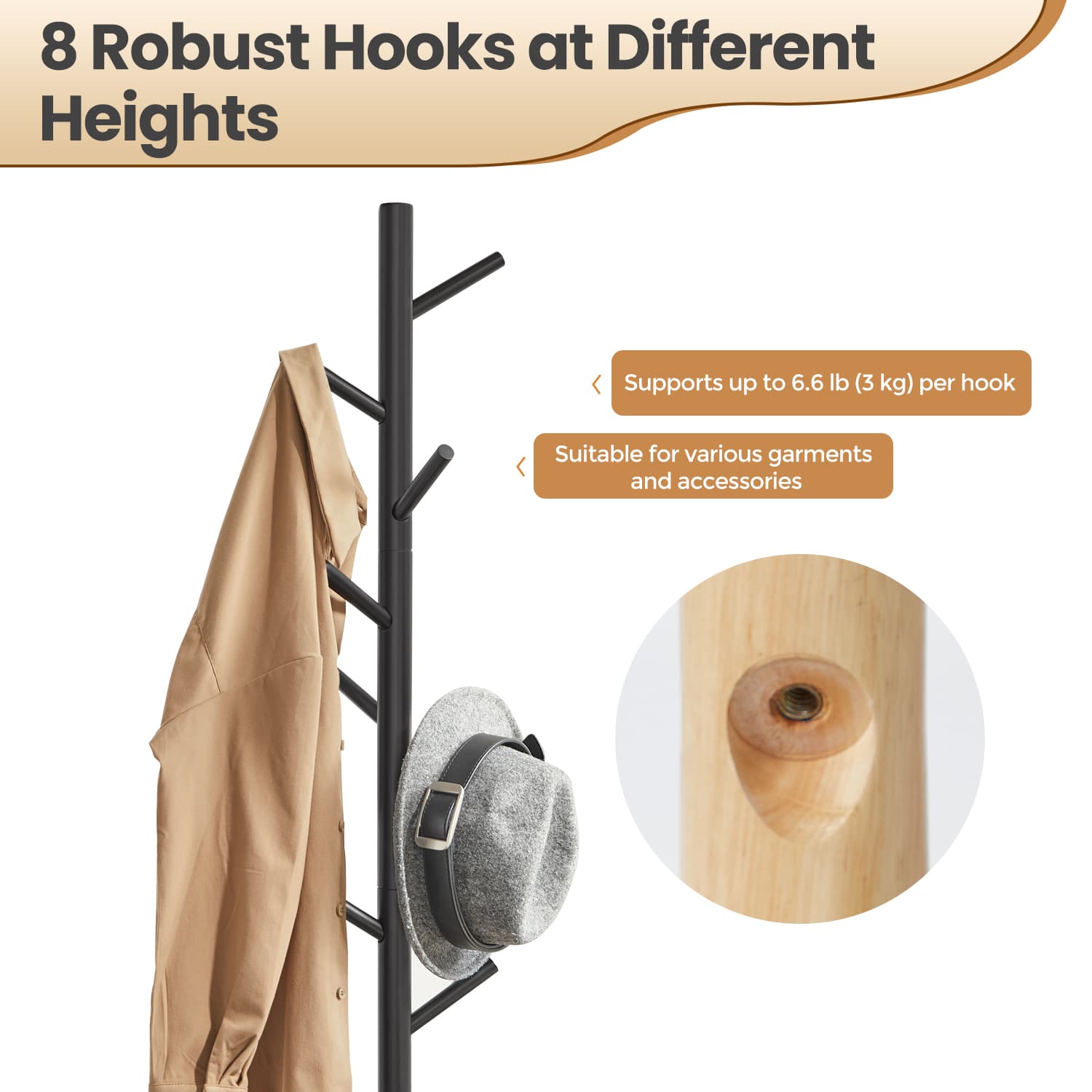 Hat and Coat Stand - Solid Wood - Black - Height Adjustable with 8 Hooks