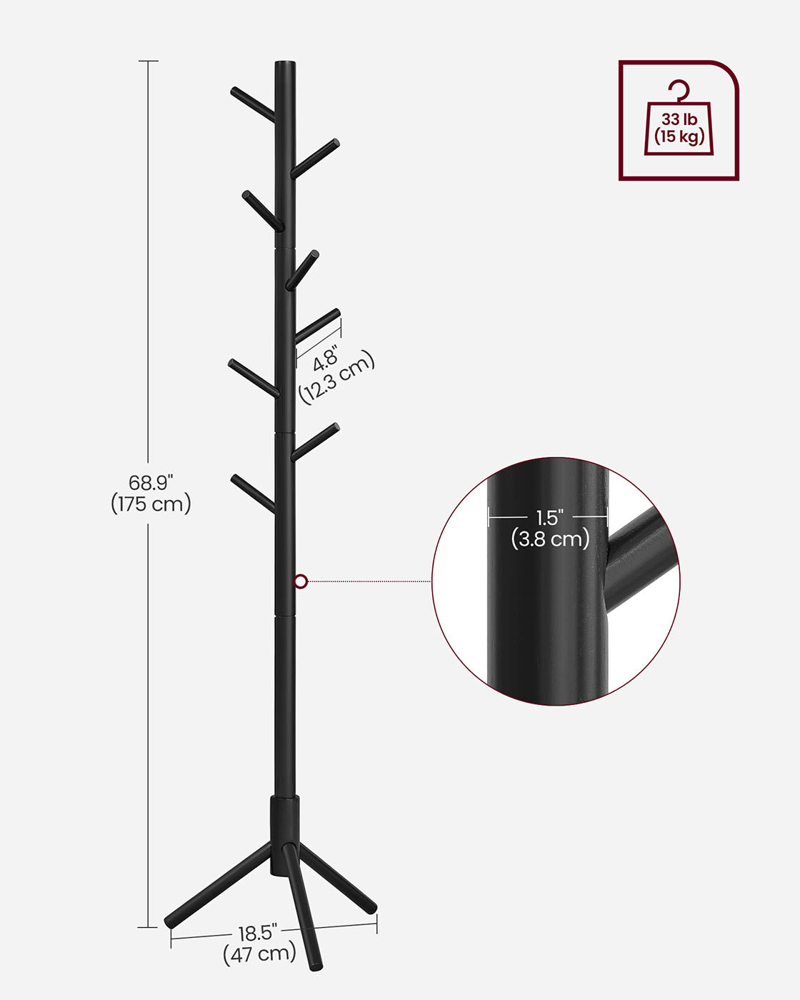 Free Standing Coat Rack - Solid Wood - Black - 8 Hooks for Entryway and Hallway
