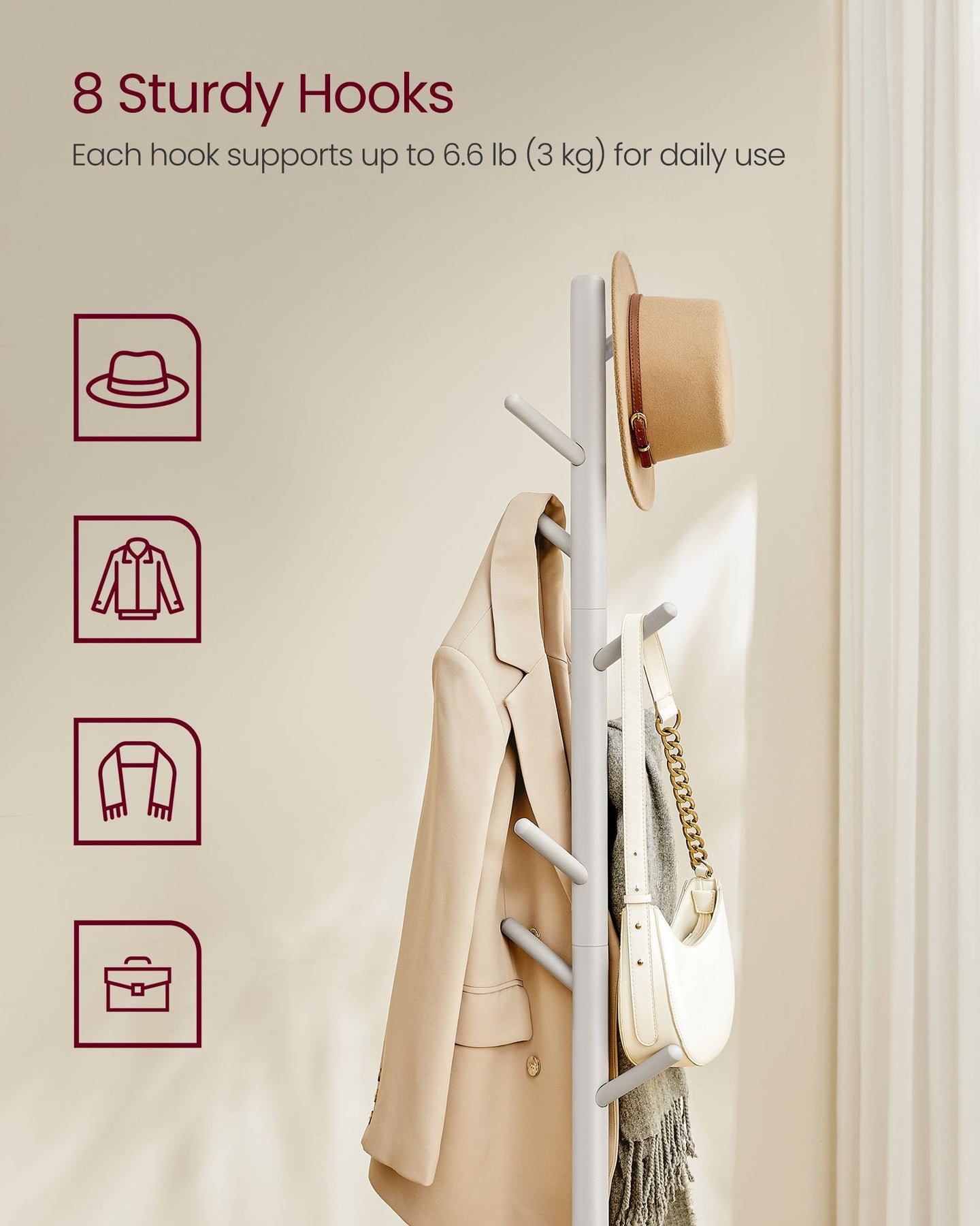 Coat Stand - Solid Wood - Black - Free Standing with 8 Hooks and Adjustable Height