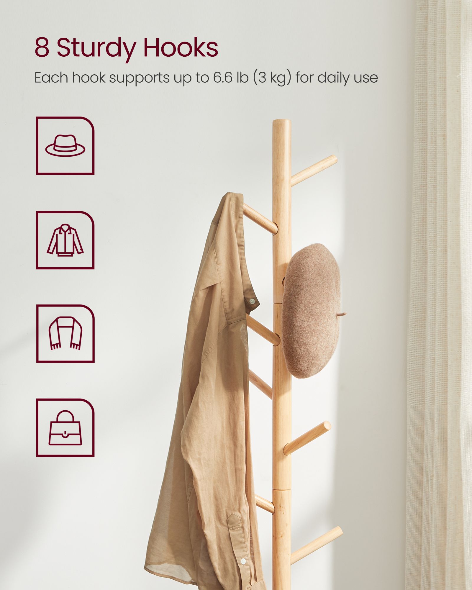 Wooden Coat Stand - Solid Wood - Black - Free Standing with 8 Hooks