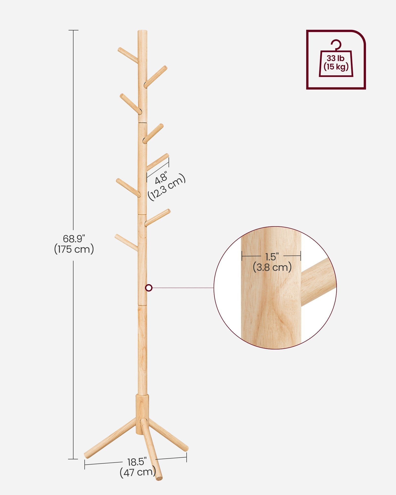 Wooden Coat Stand - Solid Wood - Black - Free Standing with 8 Hooks