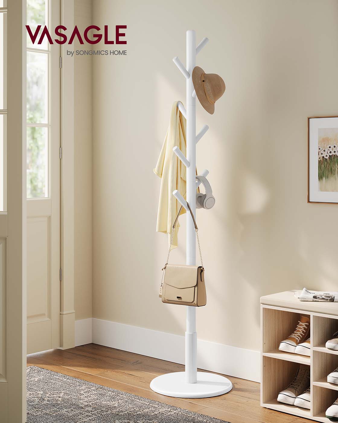 Coat Rack - Solid Wood - Cloud White - 8 Hooks for Entryway and Hallway