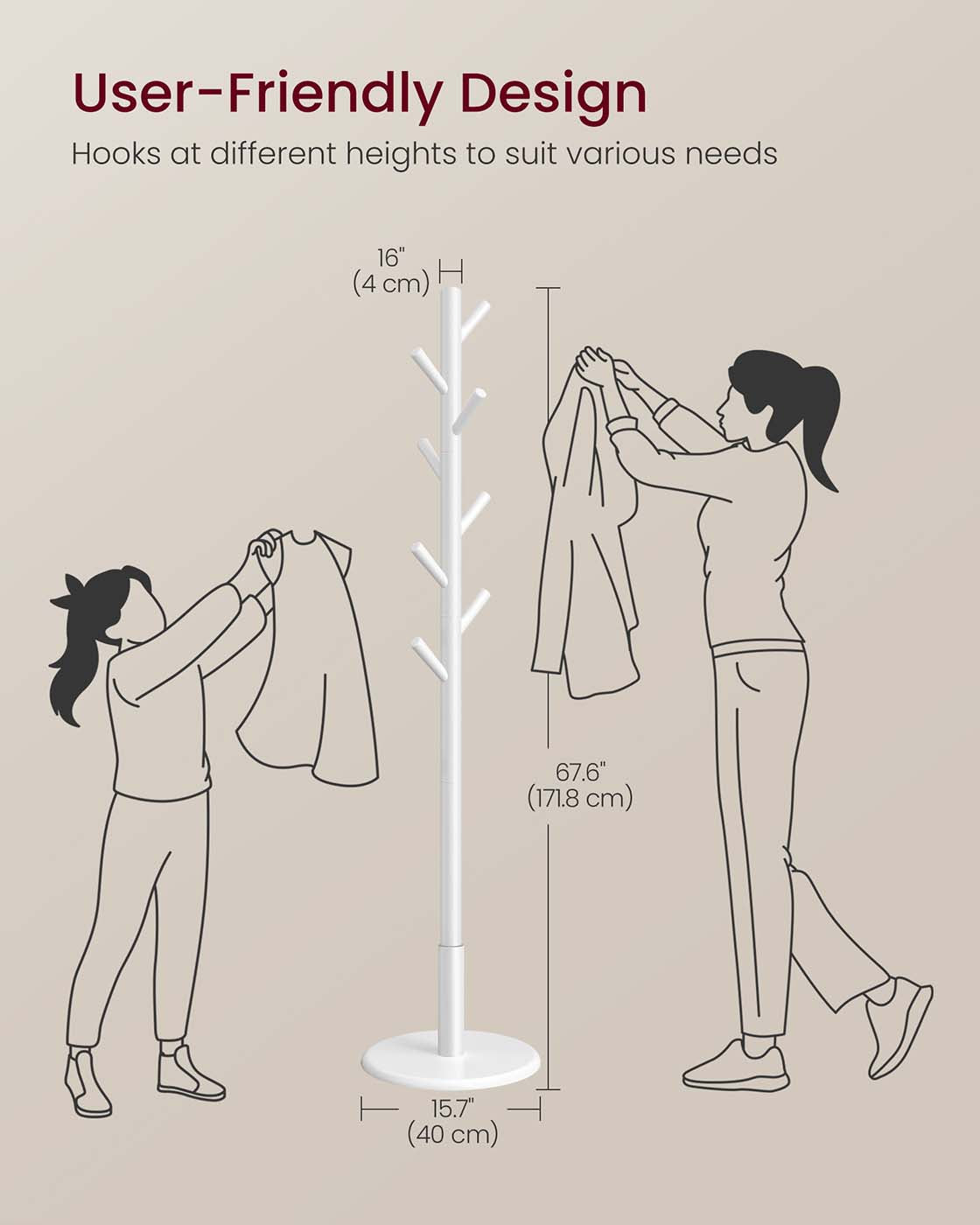 Coat Rack - Solid Wood - Cloud White - 8 Hooks for Entryway and Hallway