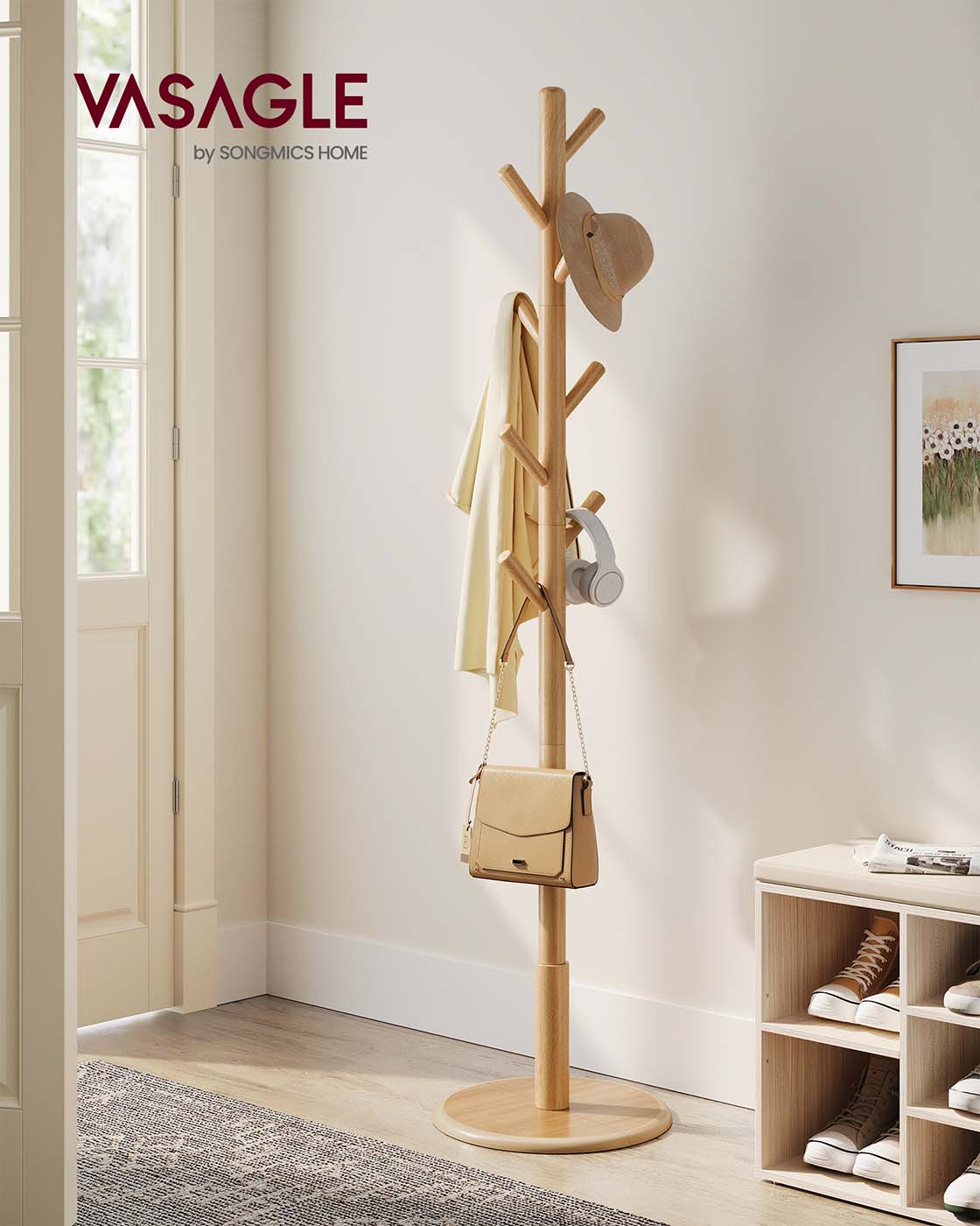 Coat Rack - Solid Wood - Cloud White - 8 Hooks for Entryway and Hallway