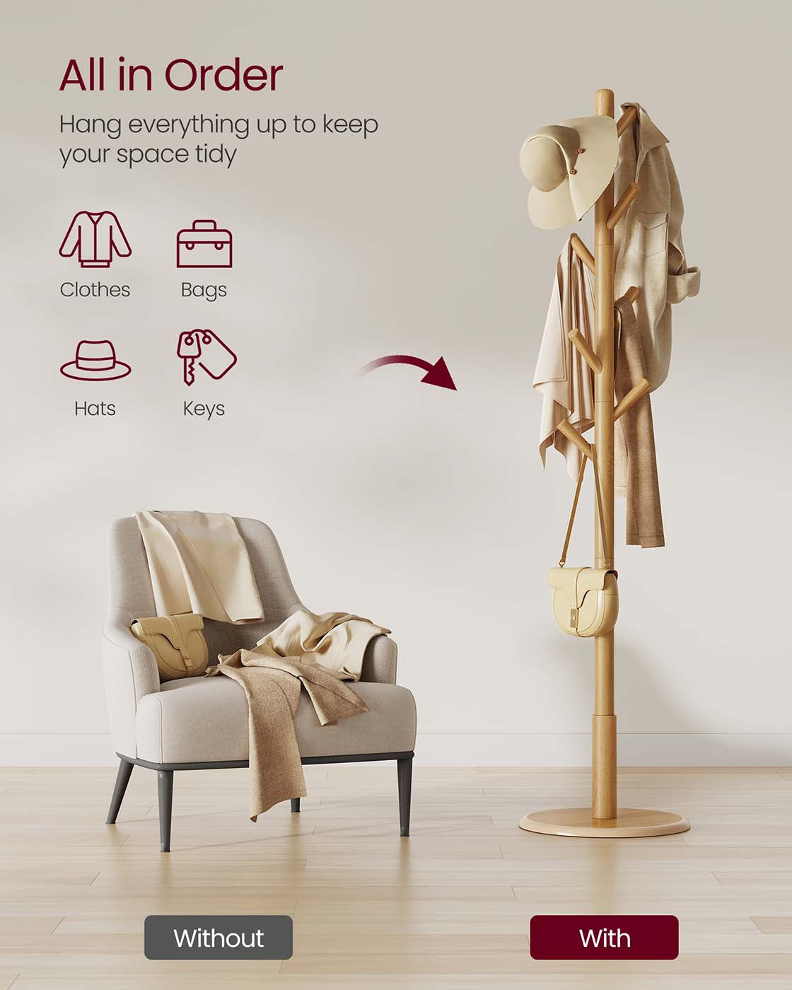 Coat Rack - Solid Wood - Cloud White - 8 Hooks for Entryway and Hallway
