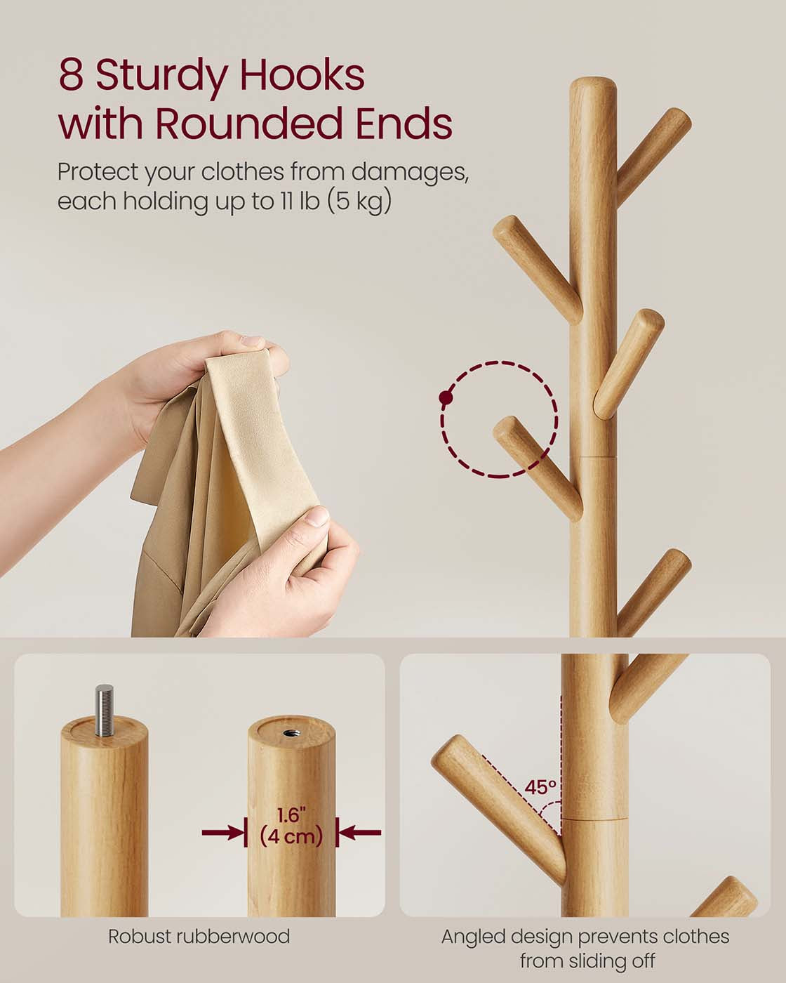 Coat Rack - Solid Wood - Cloud White - 8 Hooks for Entryway and Hallway