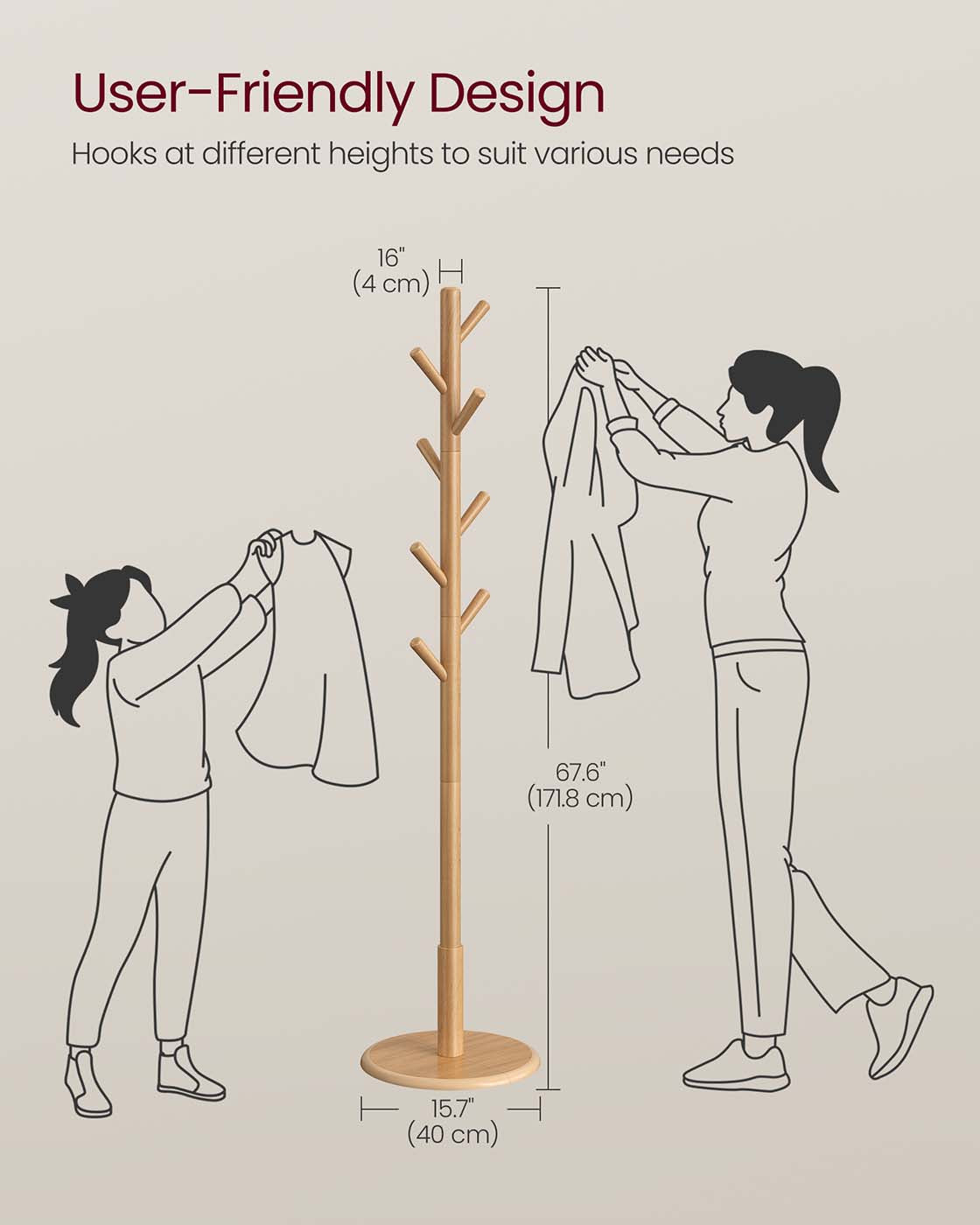 Coat Rack - Solid Wood - Cloud White - 8 Hooks for Entryway and Hallway