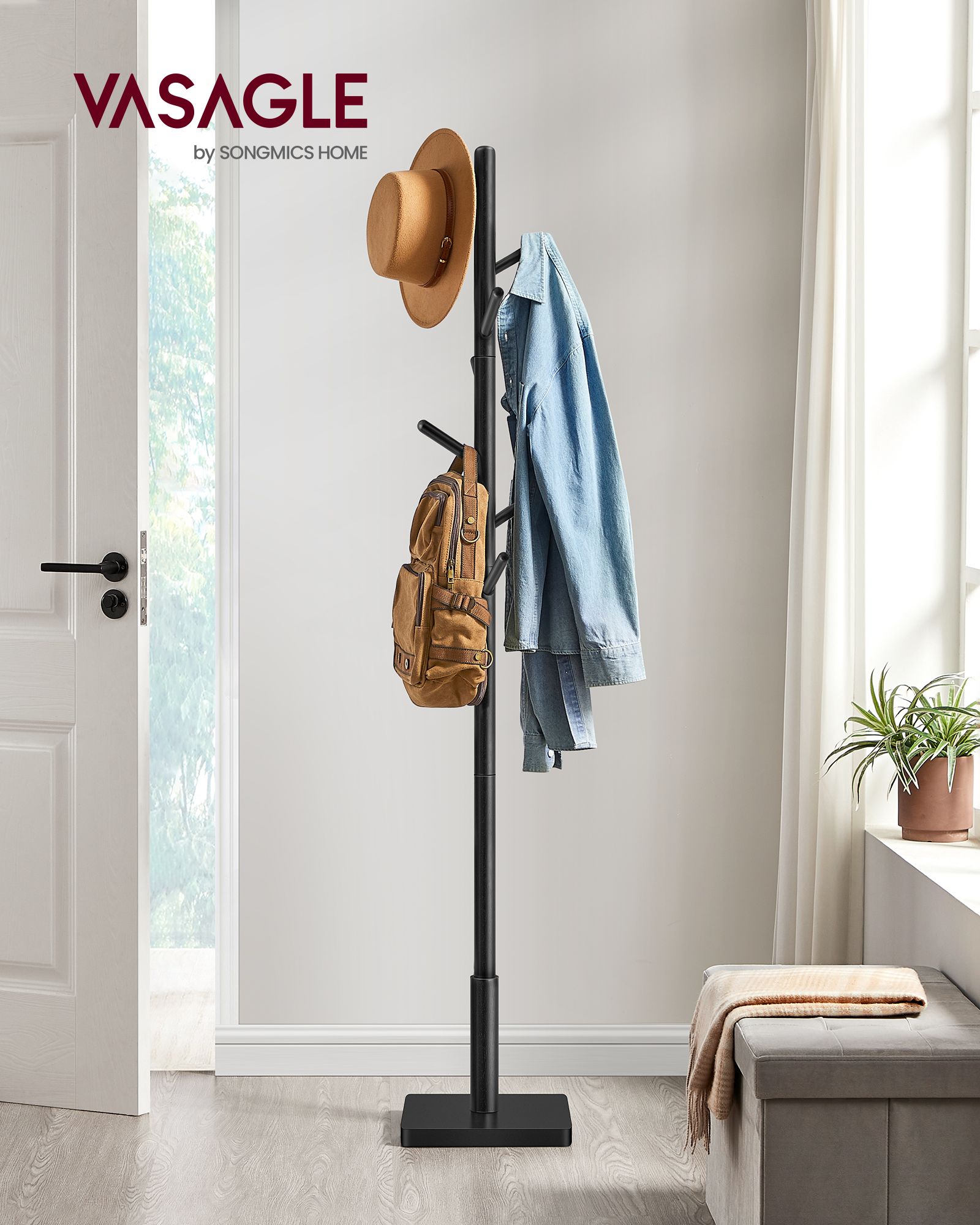 Free Standing Coat Rack - Solid Wood - White - 8 Hooks for Coats