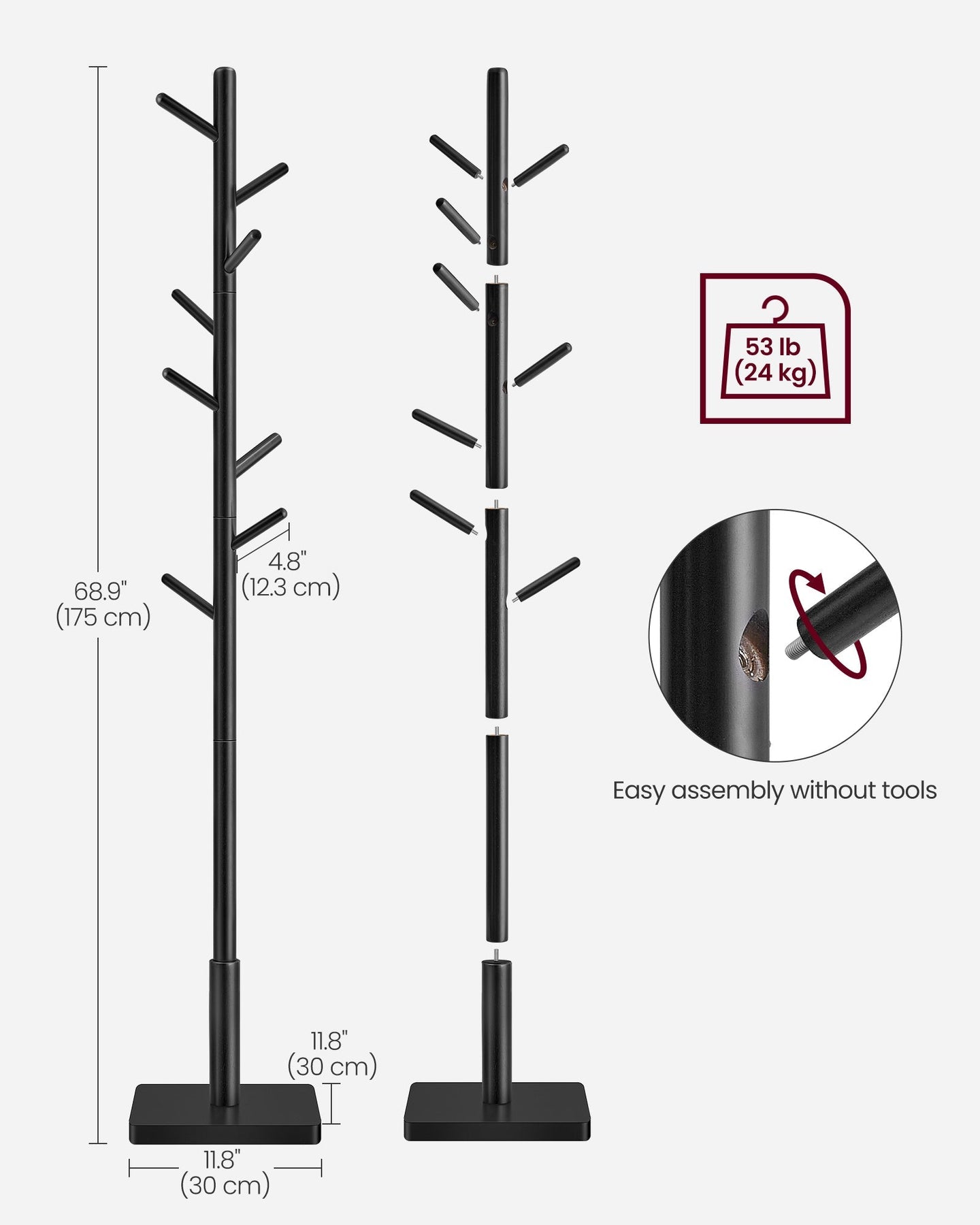 Free Standing Coat Rack - Solid Wood - White - 8 Hooks for Coats