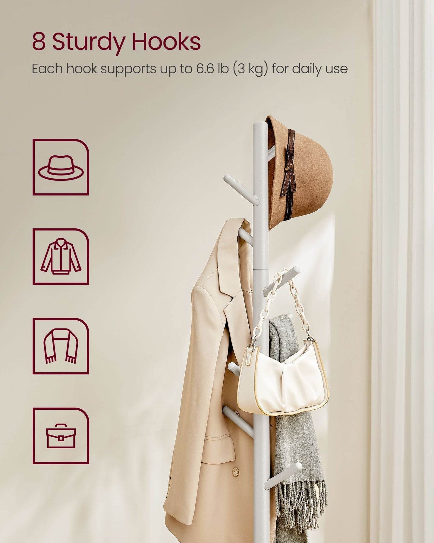 Solid Wood Coat Stand - White - Rubberwood