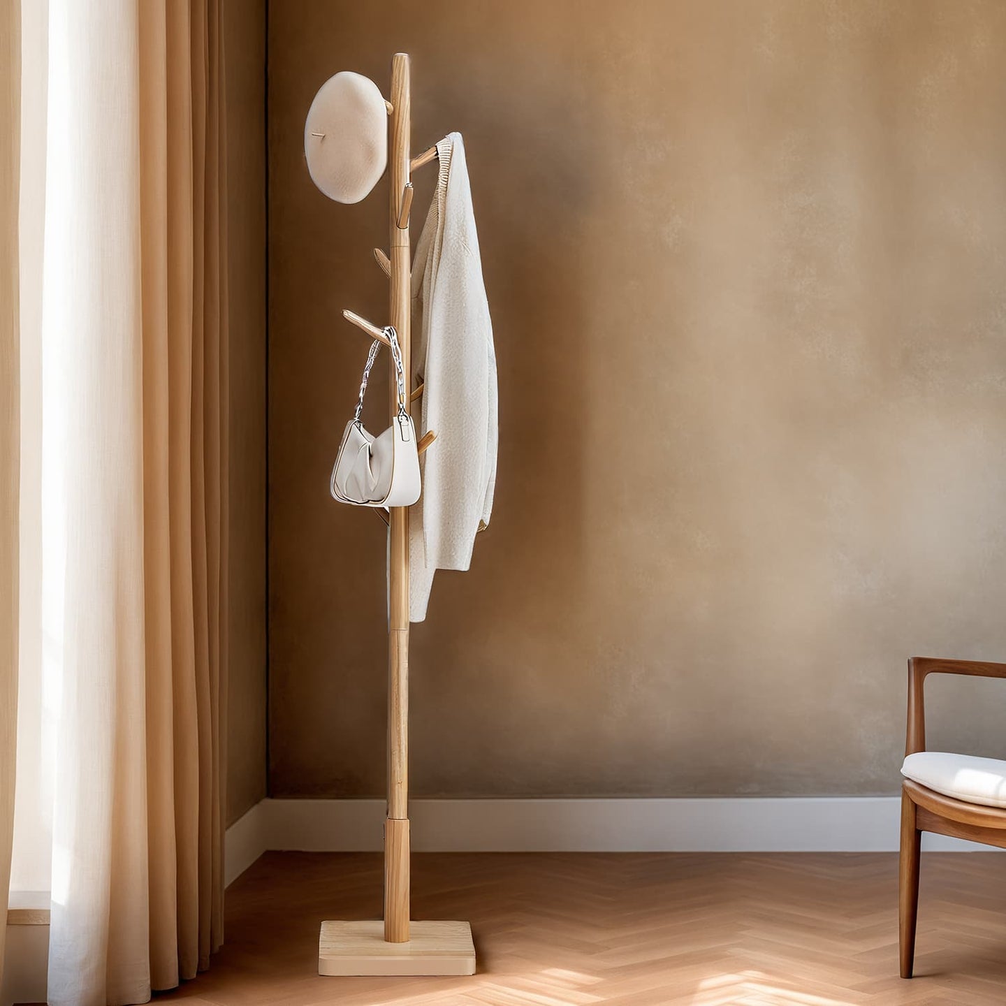 Free Standing Coat Rack - Solid Wood - Natural Beige - 8 Hooks