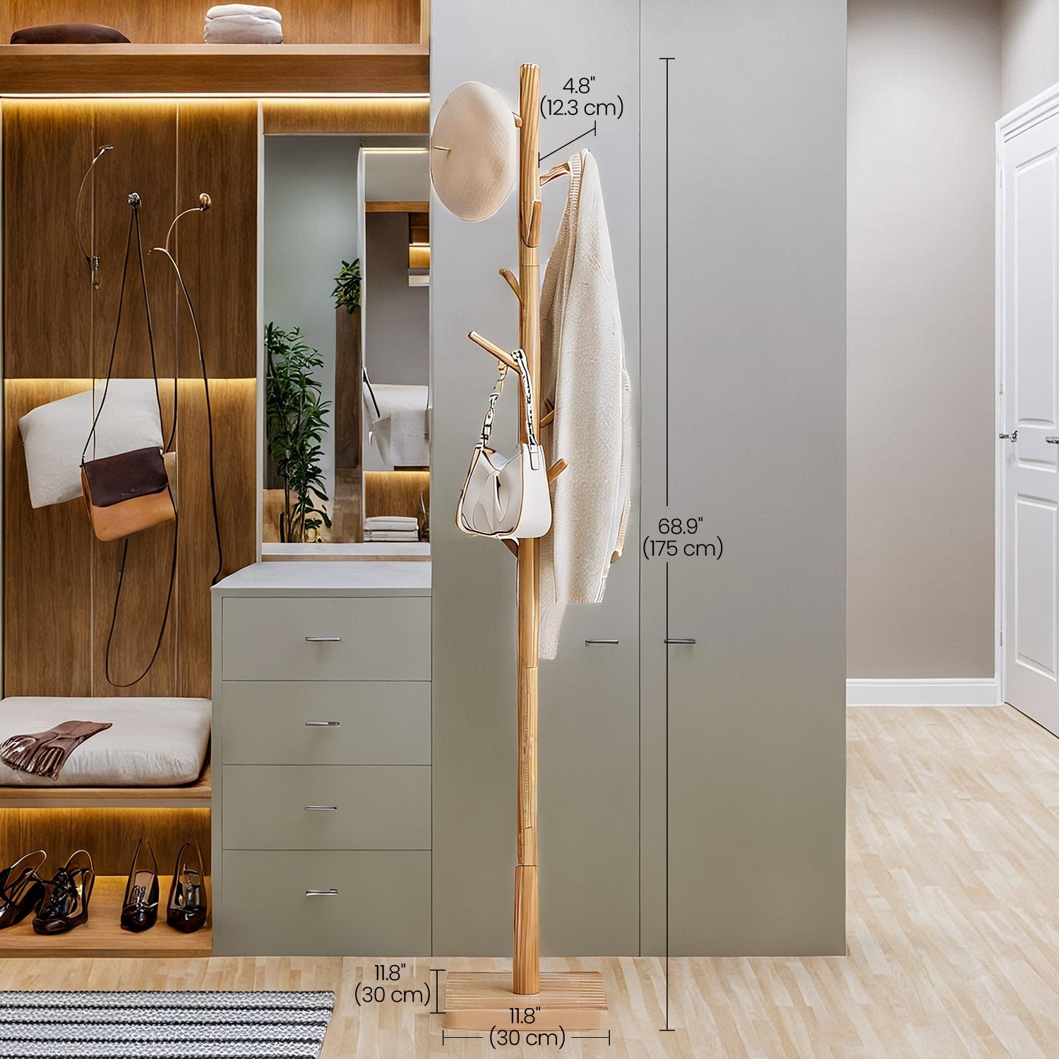 Free Standing Coat Rack - Solid Wood - Natural Beige - 8 Hooks