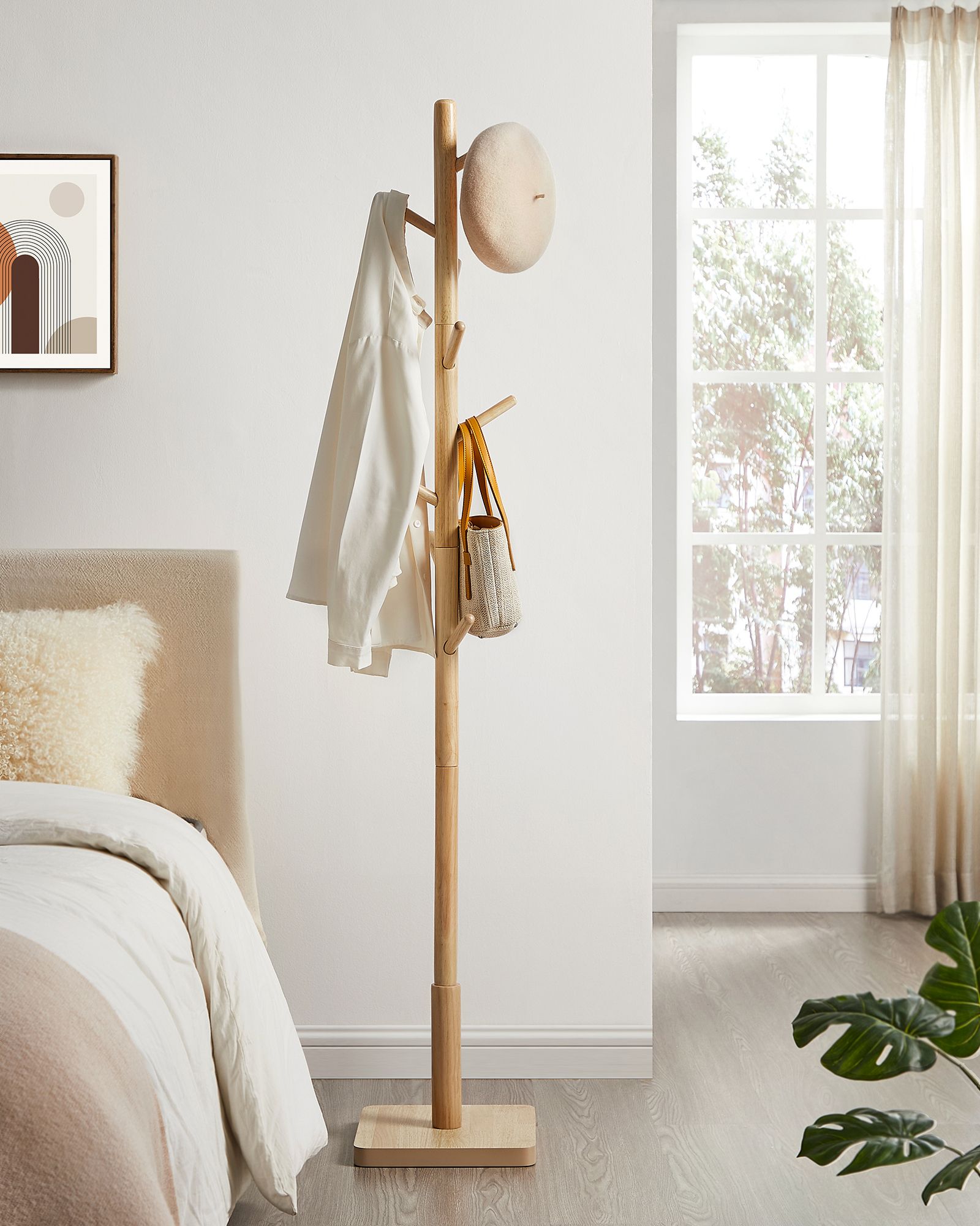 Free Standing Coat Rack - Solid Wood - White - 8 Hooks for Coats