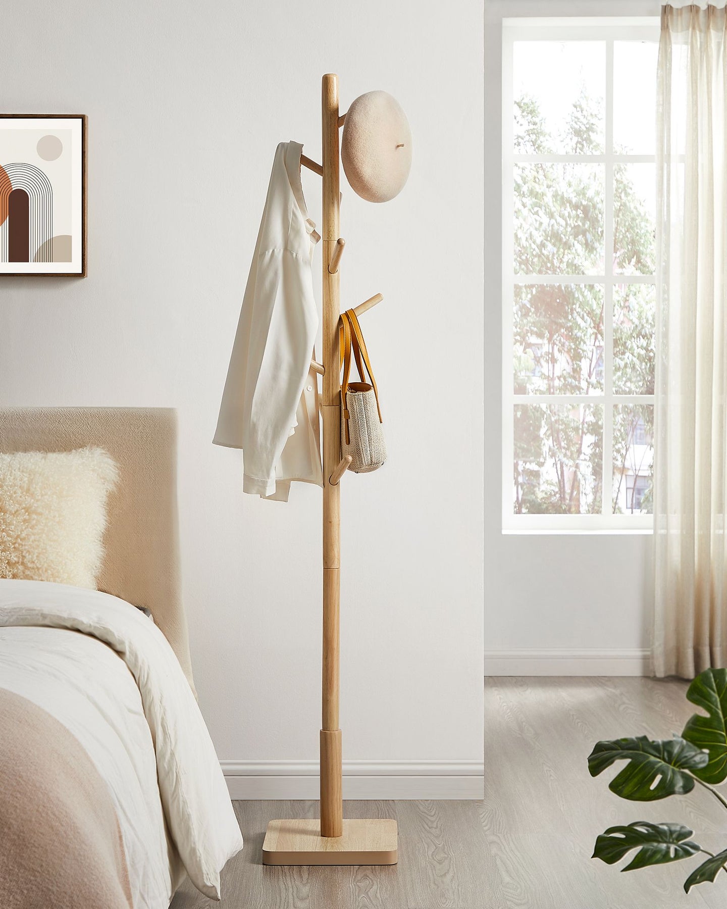 Free Standing Coat Rack - Solid Wood - White - 8 Hooks for Coats
