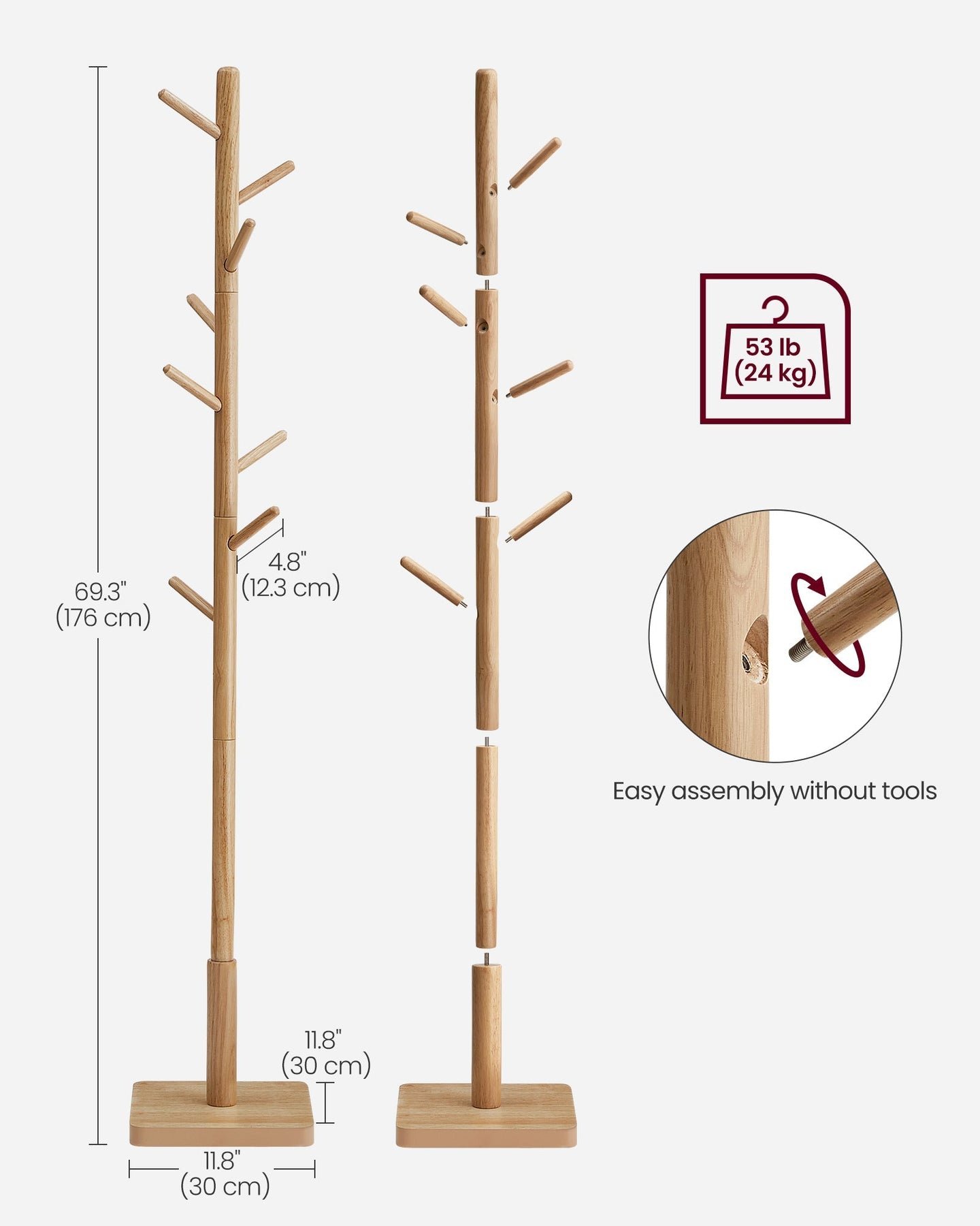 Free Standing Coat Rack - Solid Wood - White - 8 Hooks for Coats