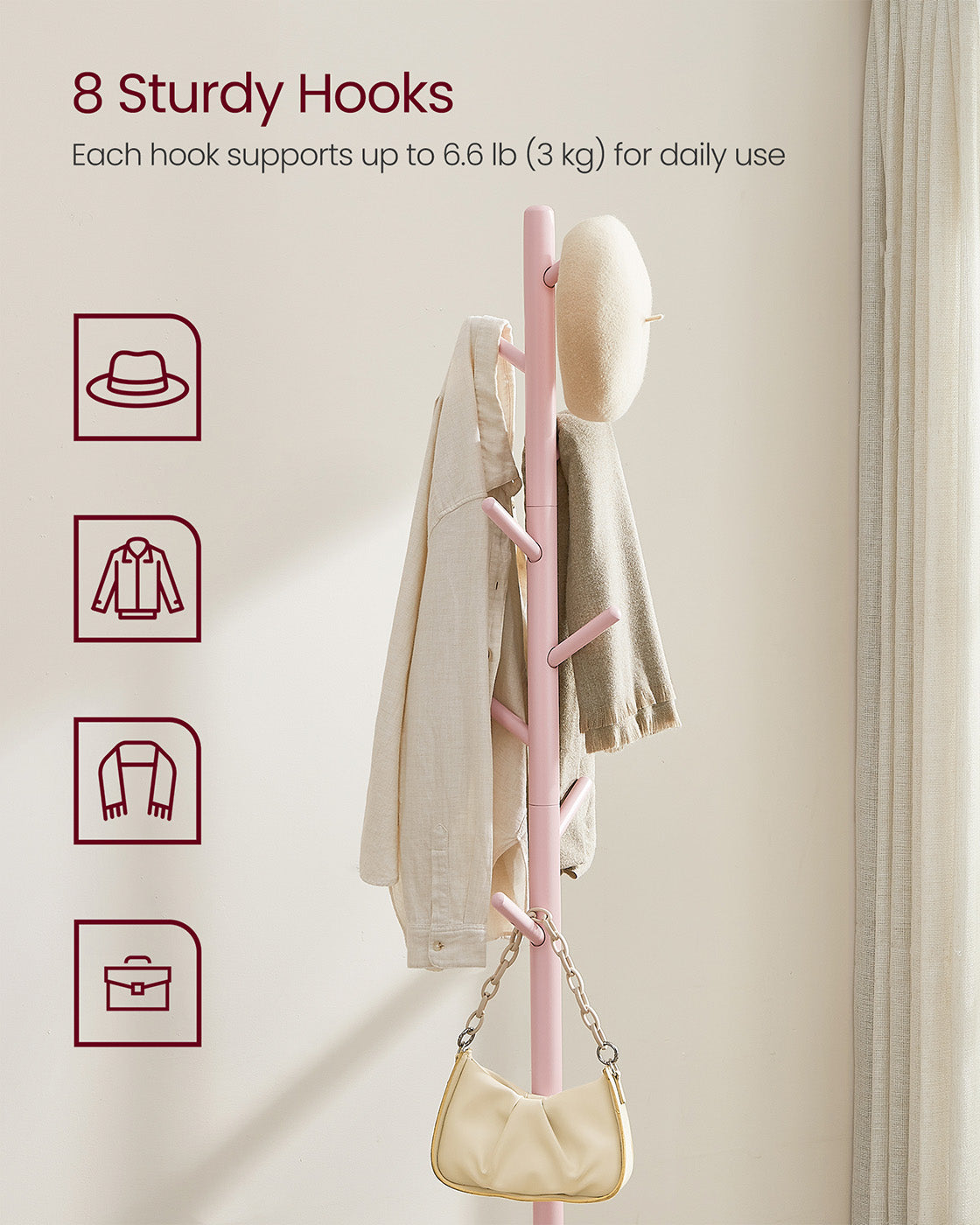 Free Standing Coat Rack - Solid Wood - White - 8 Hooks for Coats