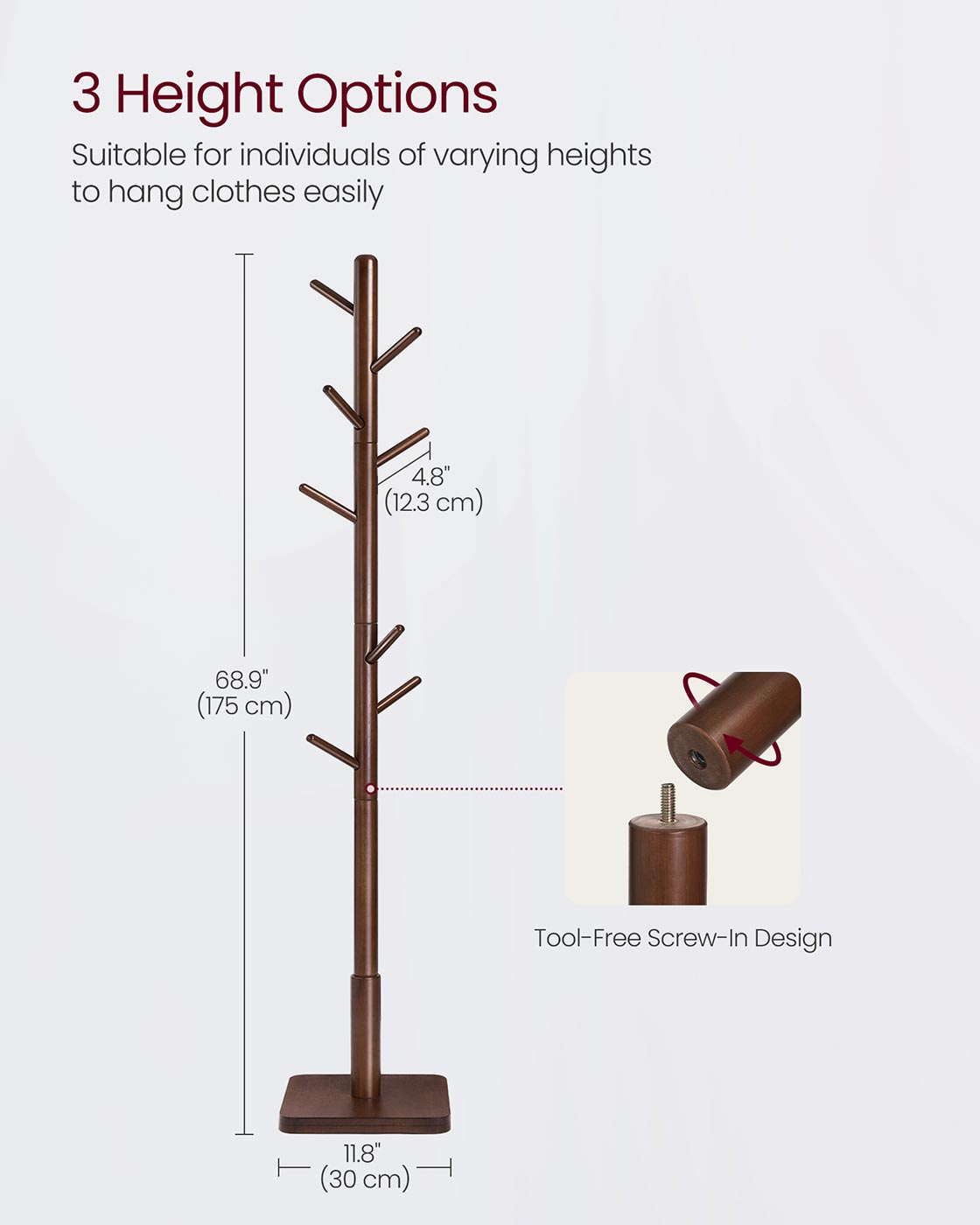 Coat Rack - Solid Wood - Dark Walnut - Free Standing with 8 Hooks