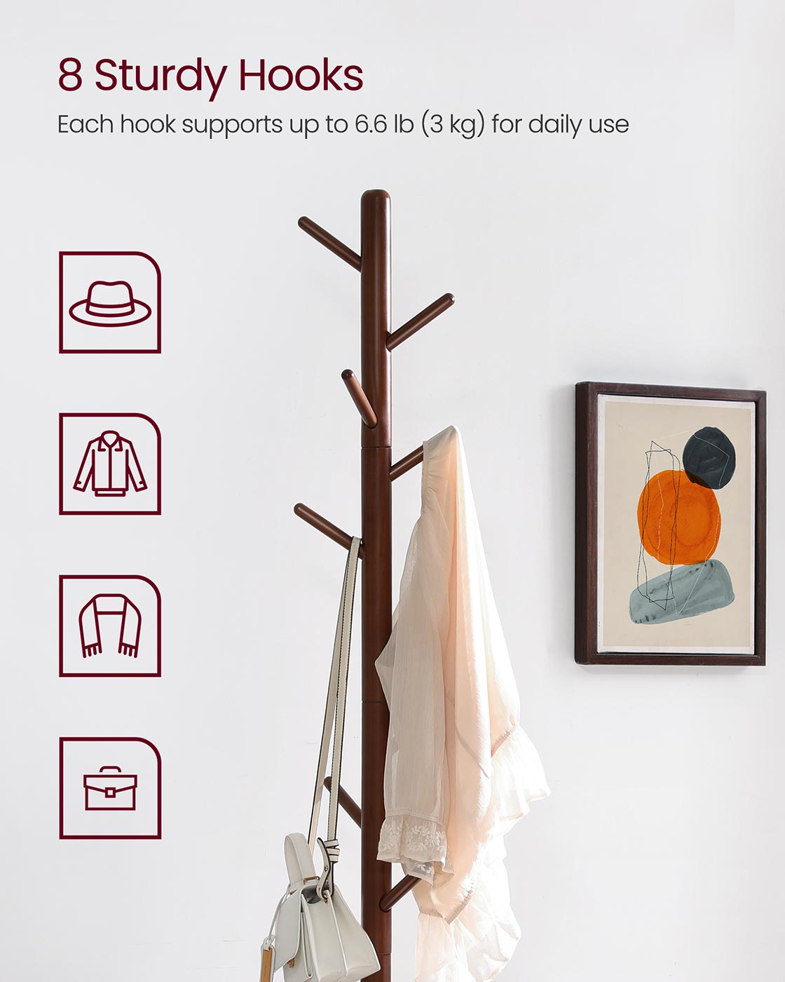 Coat Rack - Solid Wood - Dark Walnut - Free Standing with 8 Hooks