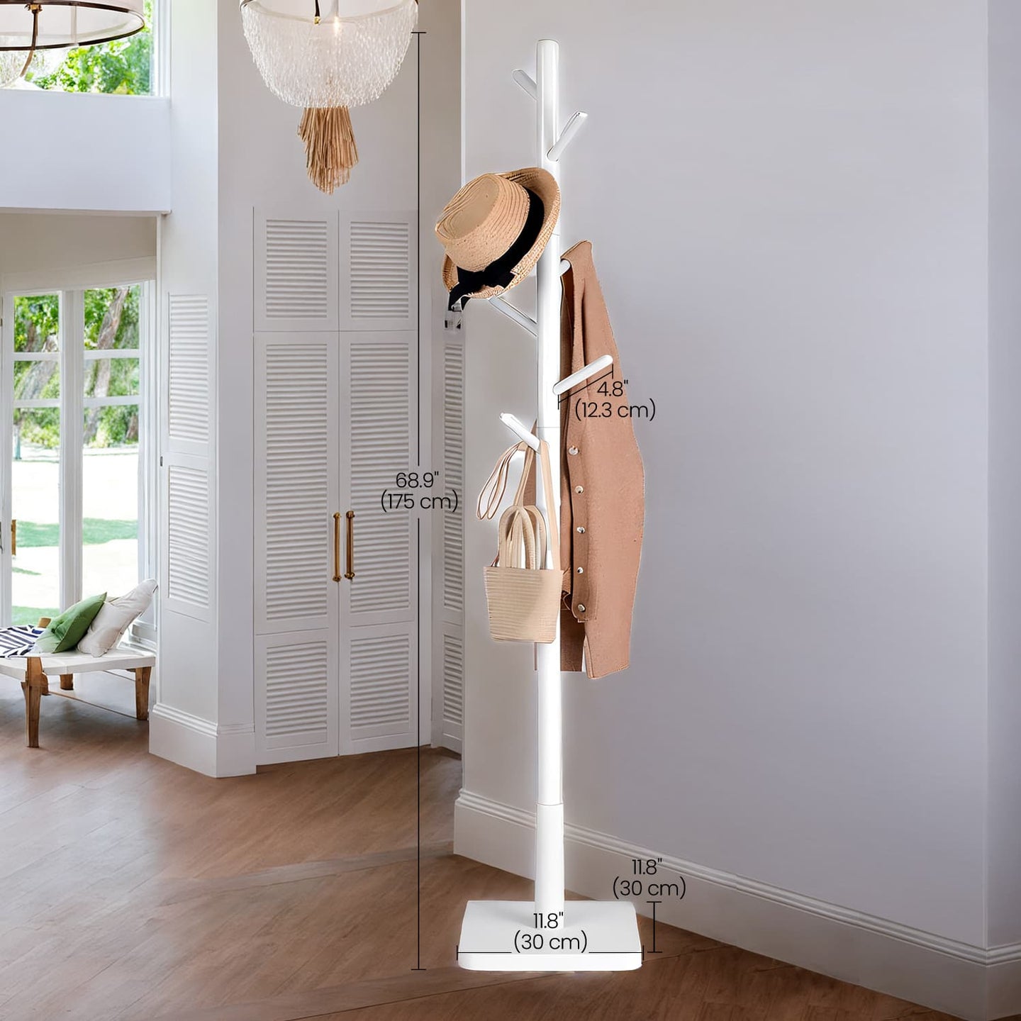 Coat Rack - Solid Wood - White - Height Adjustable with 8 Hooks