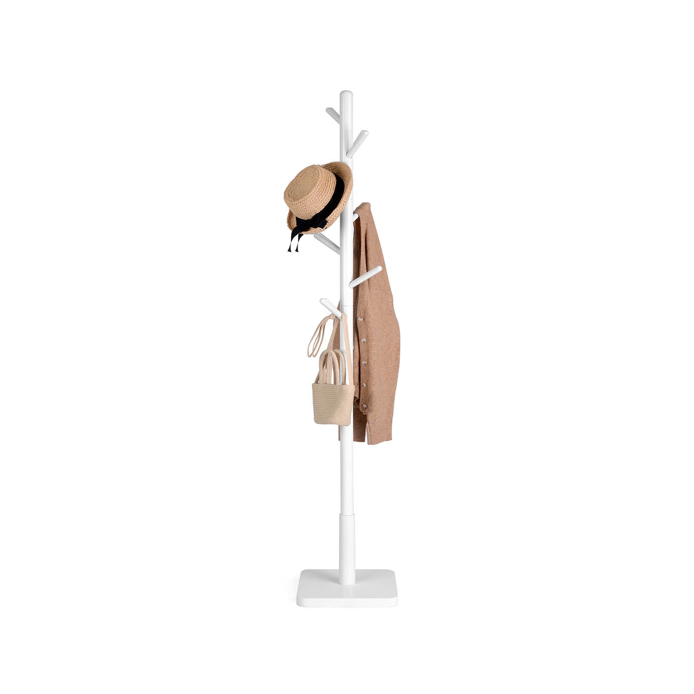 Coat Stand - Solid Wood - White - Free Standing with 8 Hooks