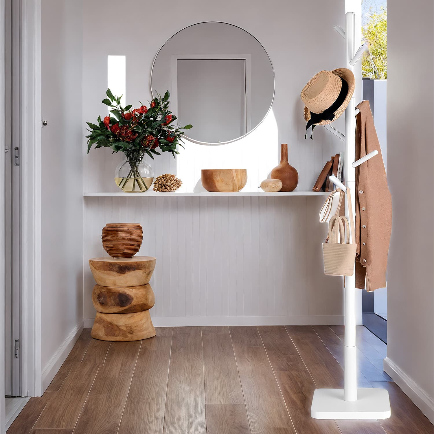 Coat Rack - Solid Wood - White - Height Adjustable with 8 Hooks