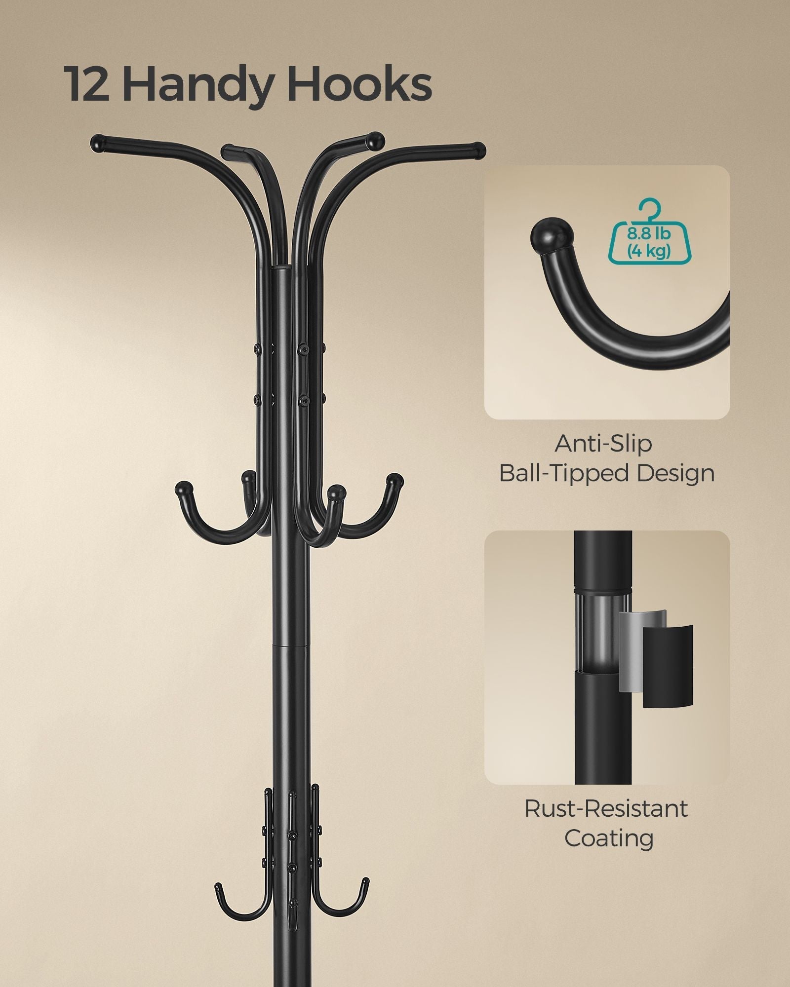 Freestanding Coat Rack - Metal - Ink Black - 12 Hooks with Umbrella Holder