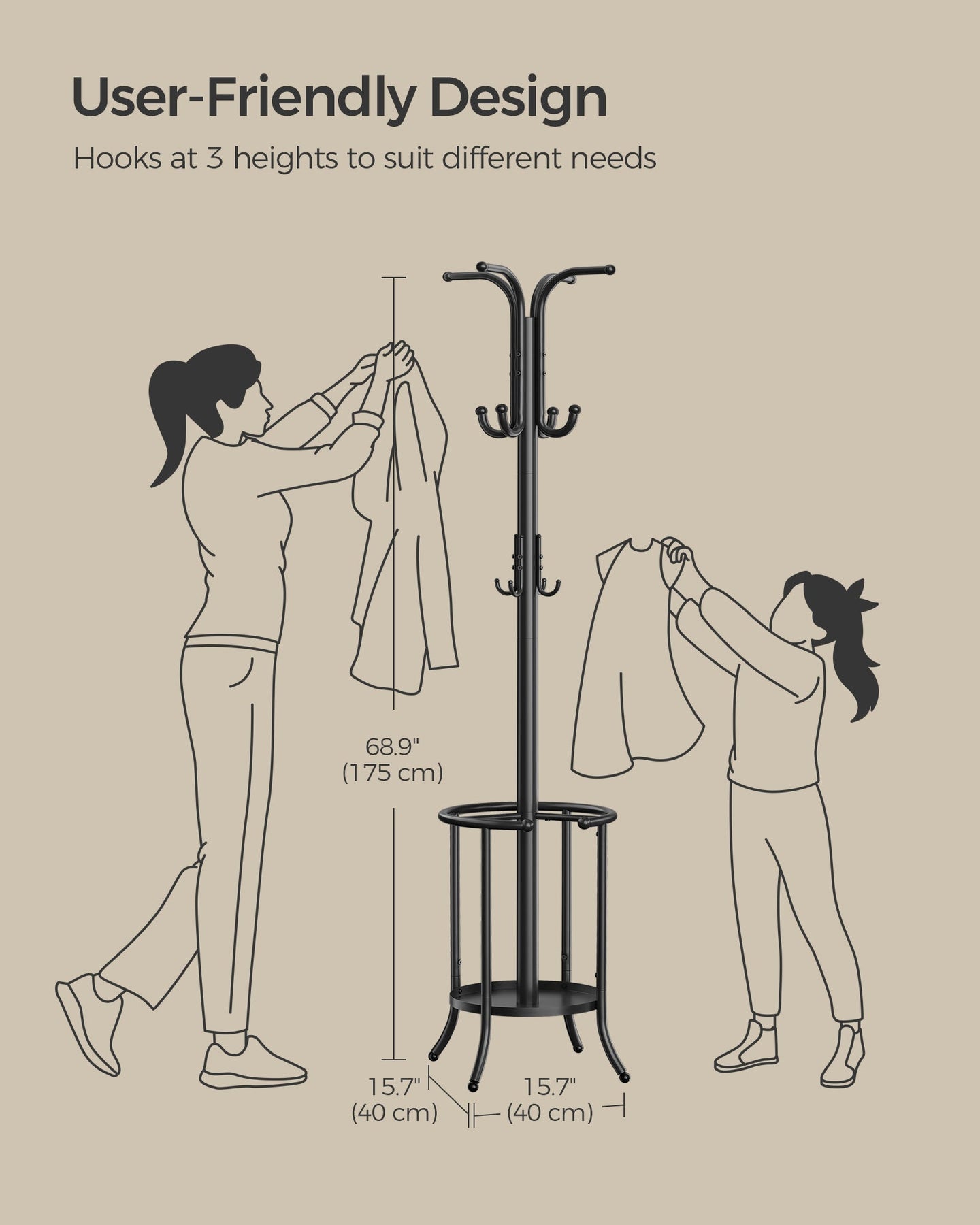 Freestanding Coat Rack - Metal - Ink Black - 12 Hooks with Umbrella Holder
