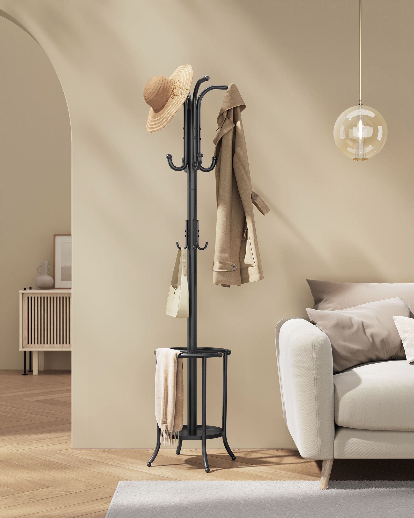 Freestanding Coat Rack - Metal - Ink Black - 12 Hooks with Umbrella Holder