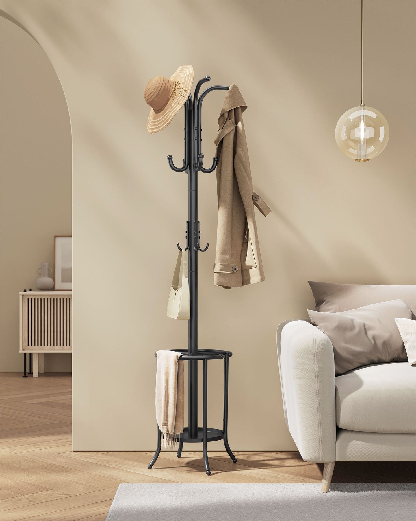 Freestanding Coat Rack - Metal - Ink Black - 12 Hooks with Umbrella Holder
