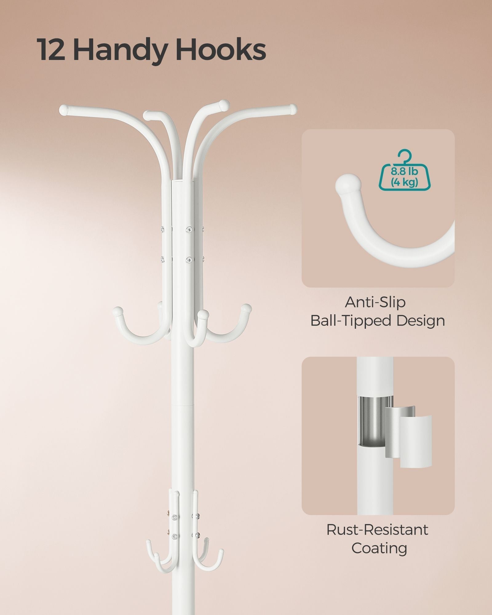 Freestanding Coat Rack - Metal - Pearl White - 12 Hooks with Umbrella Holder