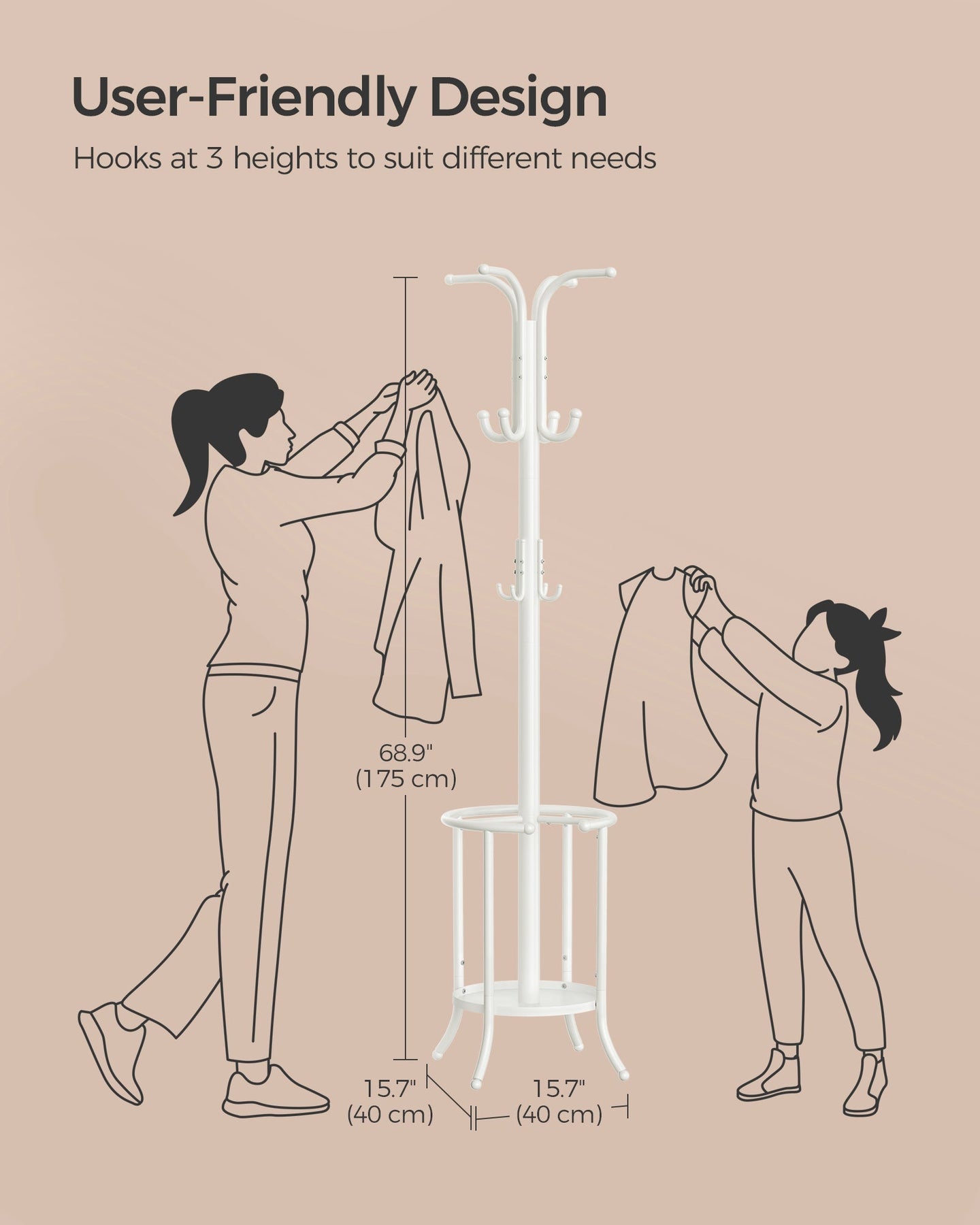 Freestanding Coat Rack - Metal - Pearl White - 12 Hooks with Umbrella Holder