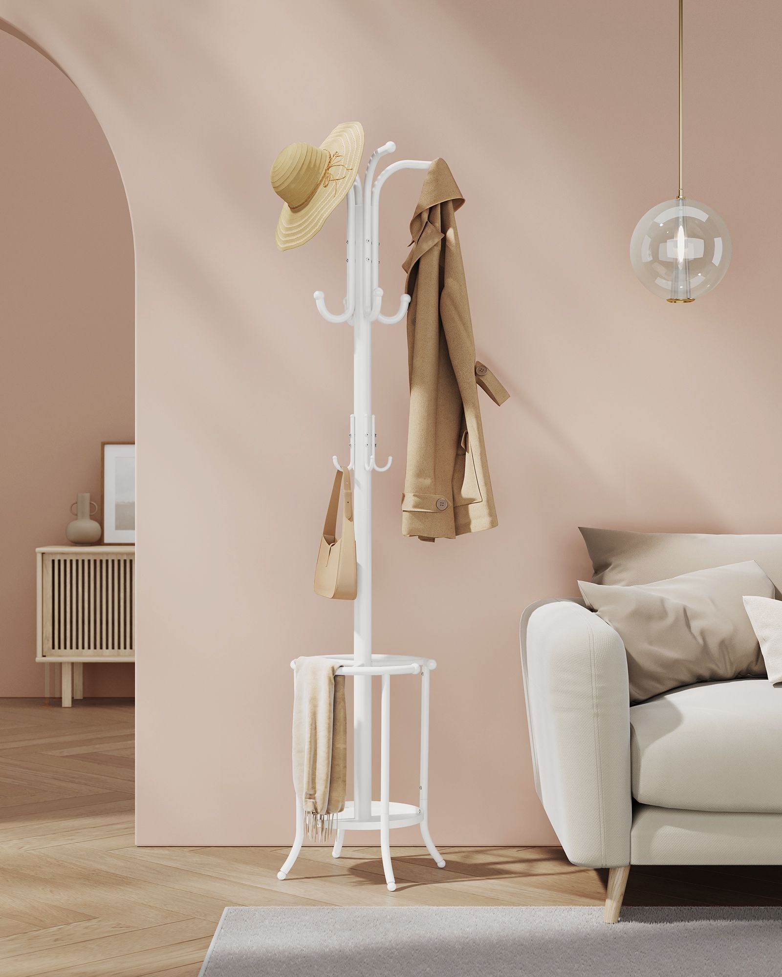 Freestanding Coat Rack - Metal - Pearl White - 12 Hooks with Umbrella Holder
