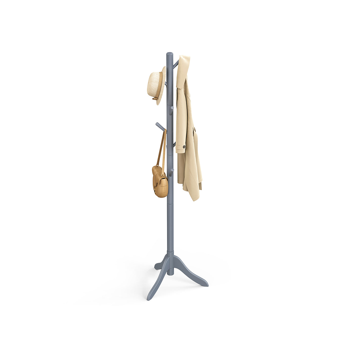 Coat Rack - Solid Wood - Grey - 8 Hooks with 3 Adjustable Heights