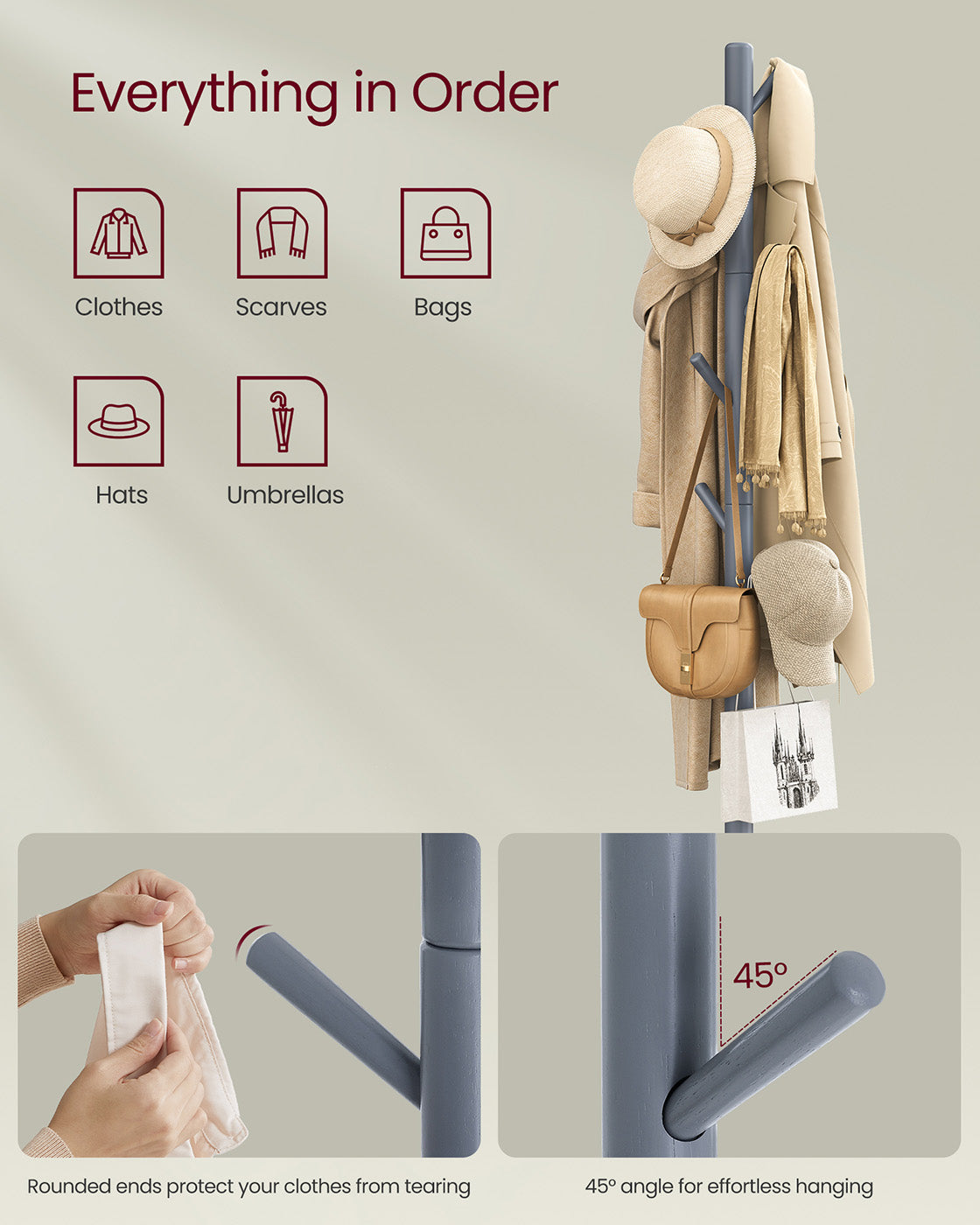 Coat Rack - Solid Wood - Grey - 8 Hooks with 3 Adjustable Heights
